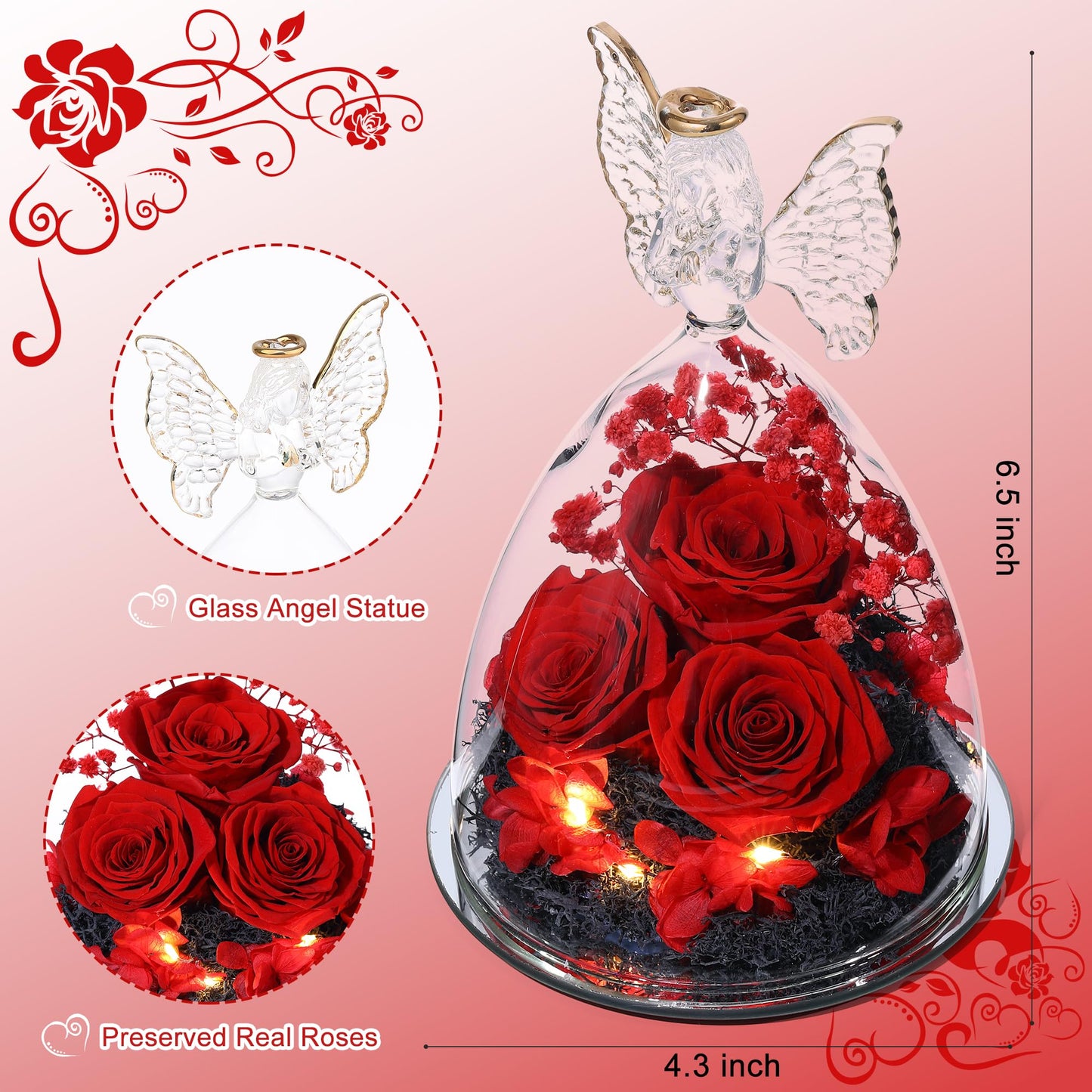 Tiaronics Mothers Day Rose Gifts for Women Preserved Real Flower in Glass Angel Figurines Roses for Delivery Prime Birthday Gifts for Mom Grandma Girlfriend Wife Her - Red