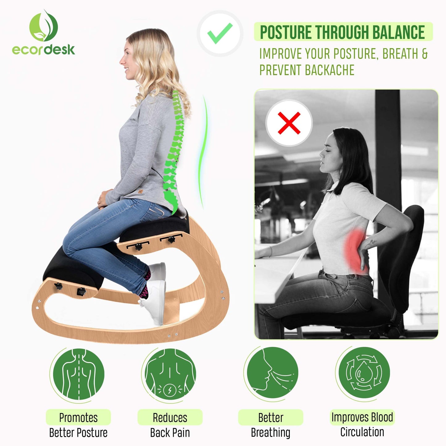 Ecordesk Ergonomic Kneeling Chair, Adjustable Seat - Office Chair for Desk, Posture Corrector, Premium Comfort Cushion, Wooden Rocking Knee Chair (Black)