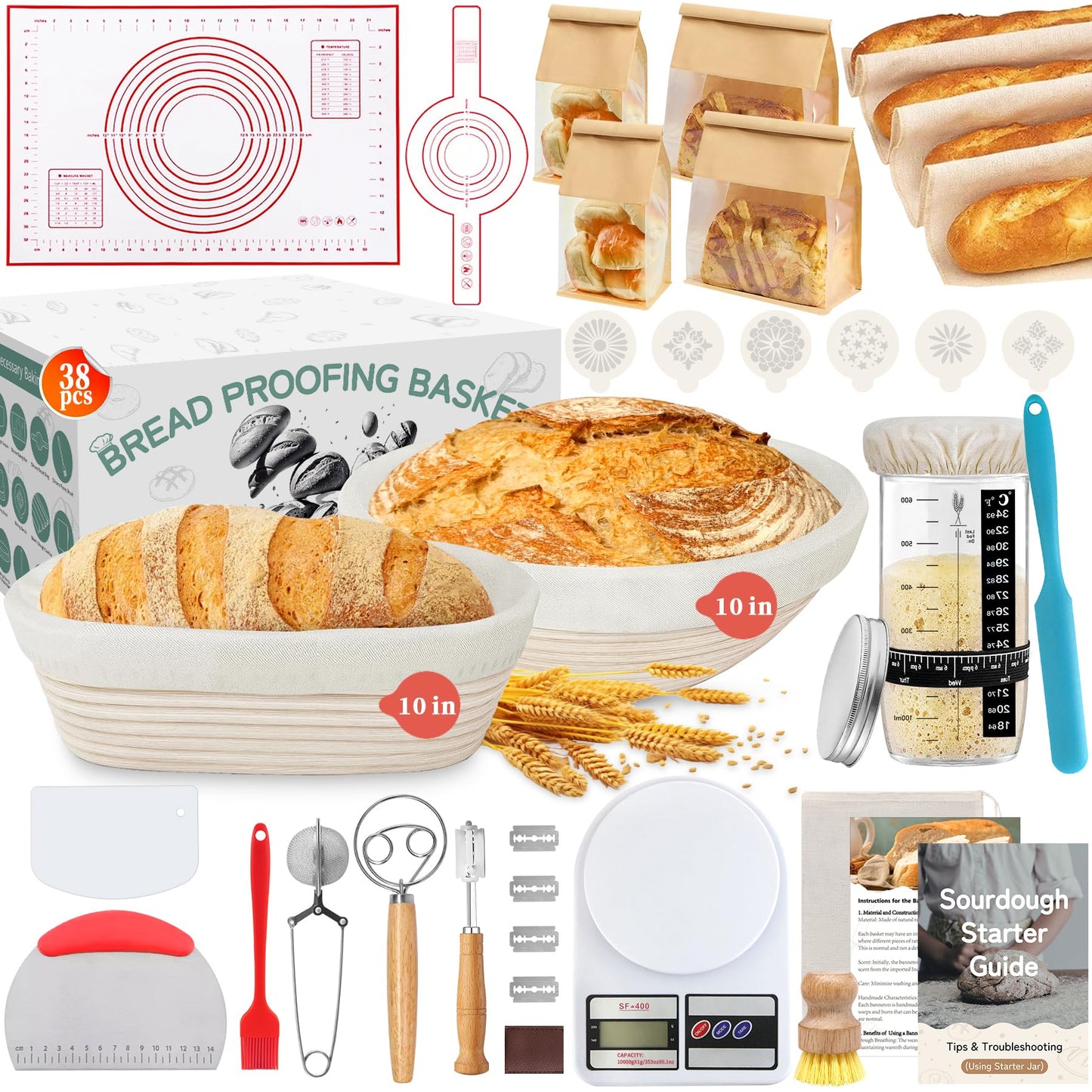 Aliggbent 38Pcs Sourdough Bread Baking Supplies, 10'' Round & Oval Banneton Bread Proofing Baskets with 24 oz Sourdough Starter Jar Kit, Digital Scale, Bags & Bread Making Tools Kit for Artisan Baking