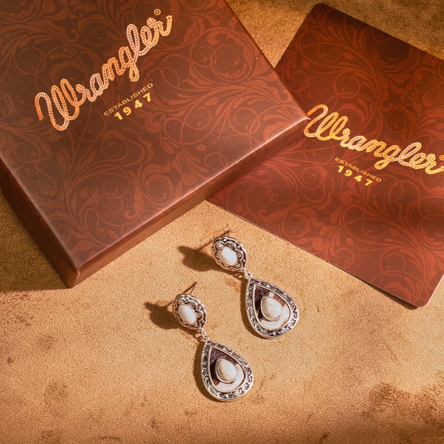 Wrangler Western TearDrop Dangle Earrings for Women Country Statement Genuine Horsehair Turquoise Vintage Cowgirl Cowboy Jewelry (Silver-White) WGE-2028S-WT