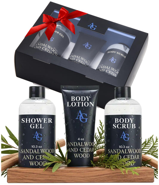 Adelegourdain Shower Kit Men, Bath and Body Gift Set For Him - Shower Gel, Body Scrub & Body Cream, Sandalwood & Cedar Scent, 3 pcs 720ml - Skin Care Kit Fathers Day Birthday Idea for Him