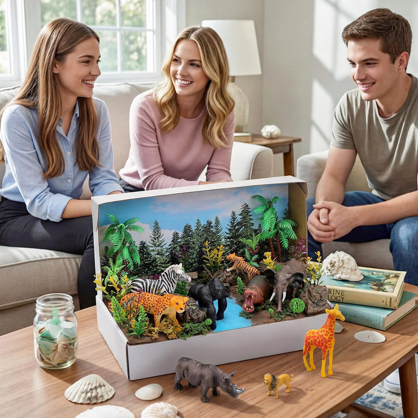 Teyva Daily 48 Pcs Jungle Diorama Kit Habitat Project Box Set Jungles Grassland Diorama Supplies Include Woodland Animal Figures Artificial Trees Fake Rocks with Gift for DIY Crafts Birthday Gifts
