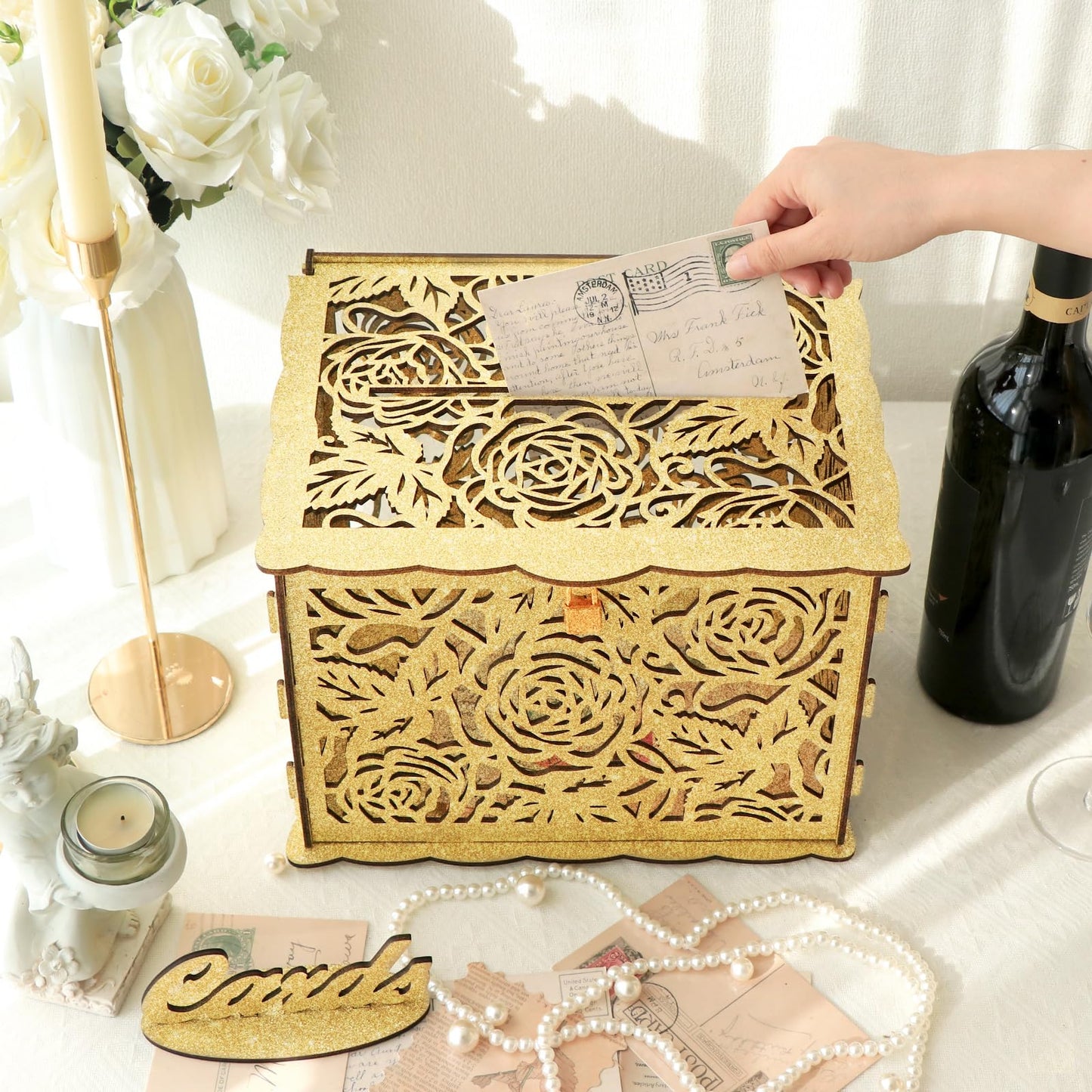OurWarm Glittery Gold Wedding Card Box with Lock, Wood Gift Card Box for Reception, Money Honeymoon Fund Card Boxes for Baby Shower, Birthday, Graduation Party Rustic Wedding Decorations