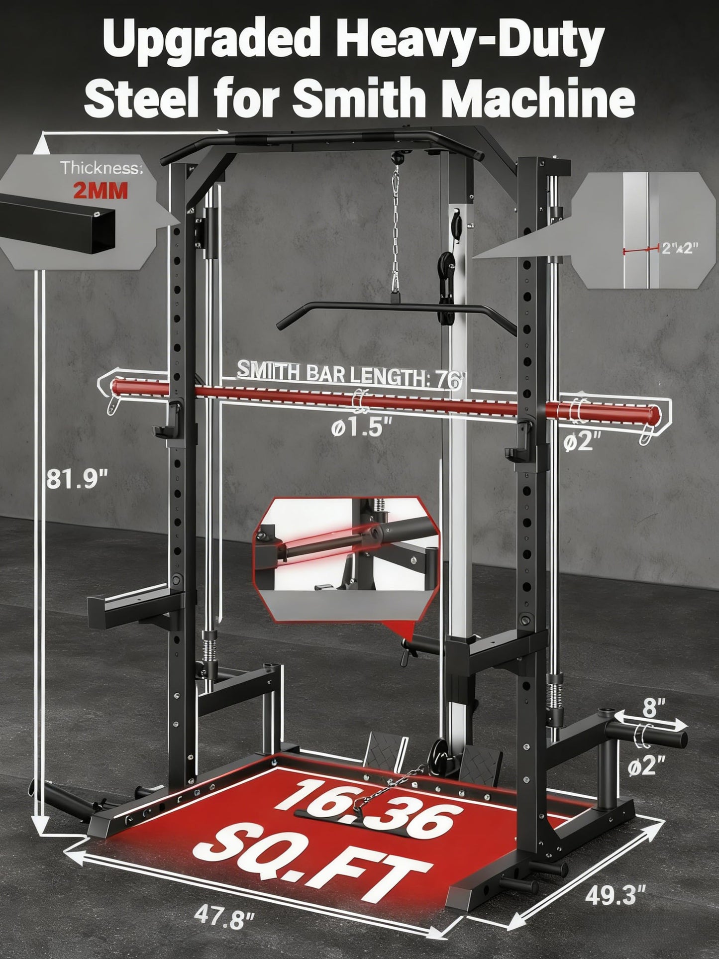 Smith Machine, Home Gym Multi-Functional Smith Machines, with Barbell Bar, Cable Crossover, LAT Pulldown, Spotter Arms, j Hooks and Landmine, Carbon Steel Half Rack for Full Body Strength Training