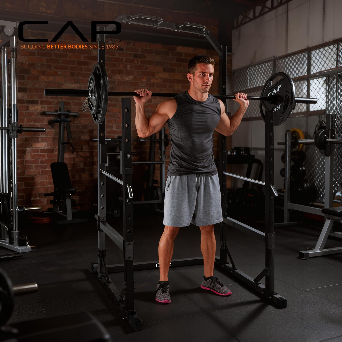 CAP Barbell Multi-Use Power Rack – Heavy-Duty Power Cage with Pull-Up Bar, Dip Handles, and J-Cup Catches – Strength Training Gym Rack for Home or Garage Gym | Red