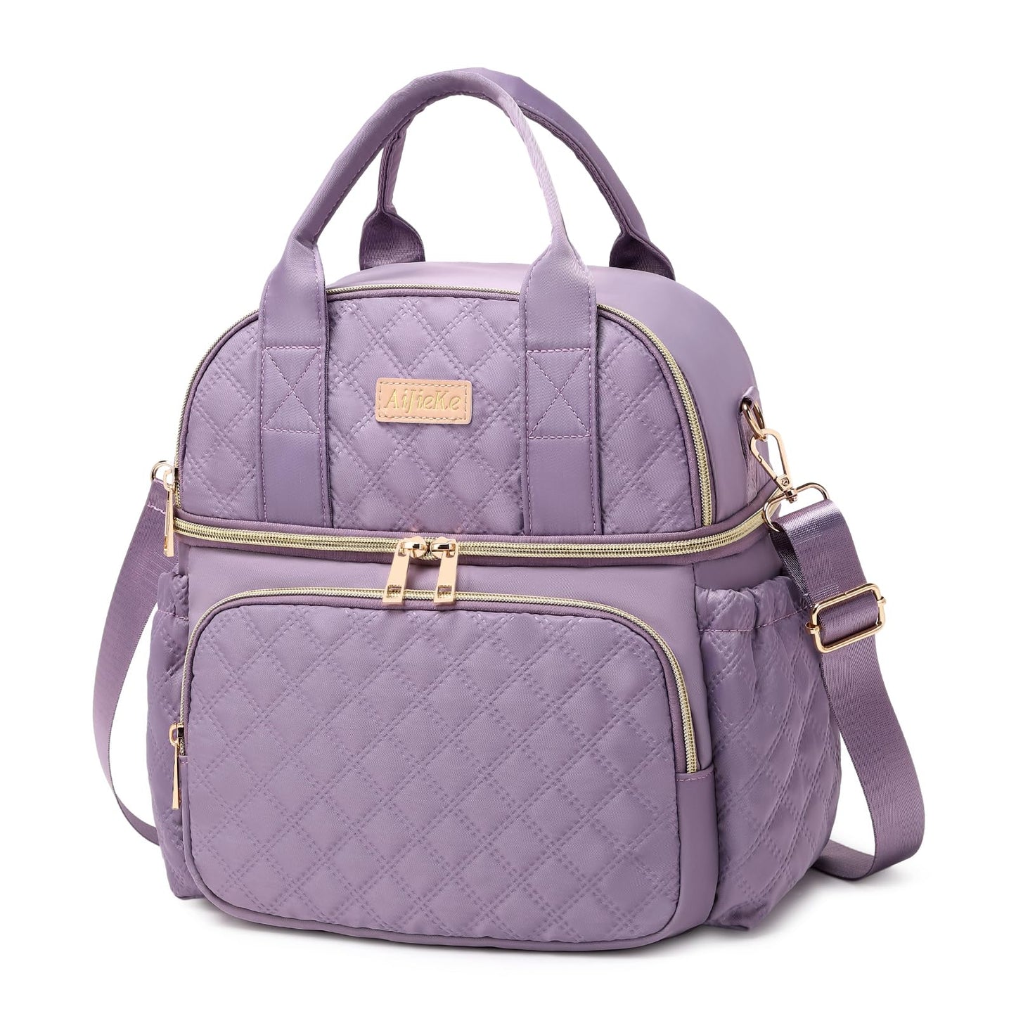 AIJIEKE Large Insulated Lunch Bag for Women, Double Compartment Leakproof Lunch Box for Work Office, Reusable Cooler Tote with Adjustable Strap & Side Pockets for Adults Picnic Beach, Purple