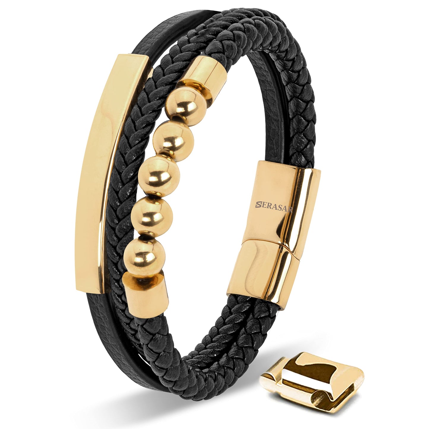 SERASAR Pulseras para hombre Caja de regalo oro 23cm Piel vacuno trenzada cuero genuino Cierre magnético ajustable joyería múltiples capas Hombres