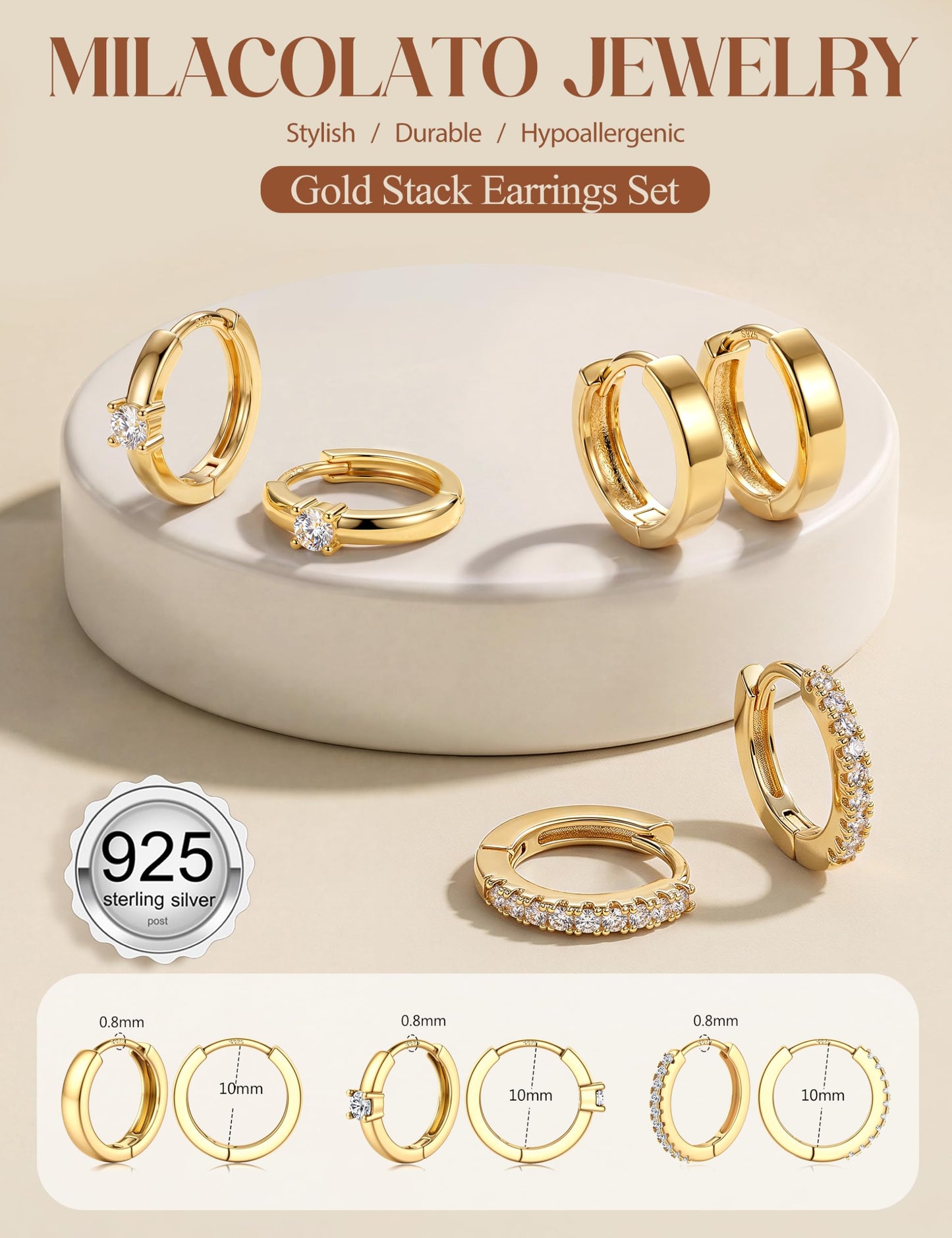 MILACOLATO 3Pairs Small Hoop Earrings Set for Women Trendy 14K Gold Filled Sterling Silver Post Hoop Earring Hypoallergenic Huggie Hoop Earrings Stacks for Multiple Piercing Lightweight