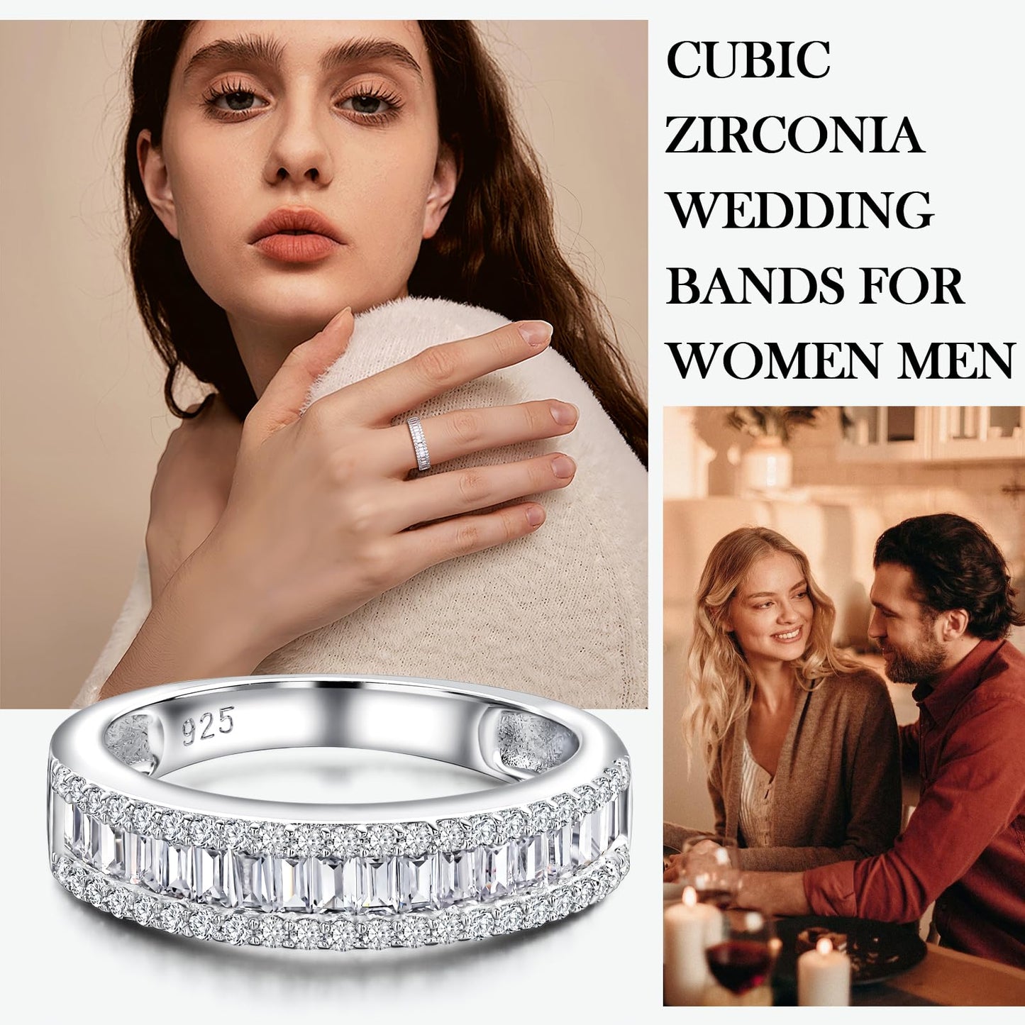 RANDES Cubic Zirconia Band Rings for Women Men Fake Diamond Emerald Cut Wedding Band Channel Set Eternity Ring Size 7.5