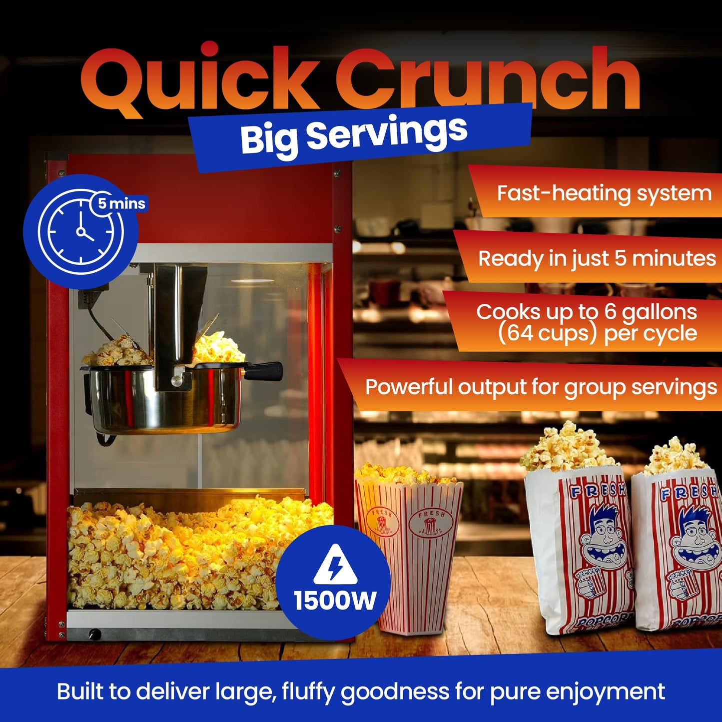 Popcorn Machine - Electric Popcorn Popper | Stainless Steel Kettle With Scoops, Bags, Cups & Shaker | Countertop Machine, Theater Style | Ready in 5 Minutes | 1500 W | Red, 8 oz (64 Cup Capacity)