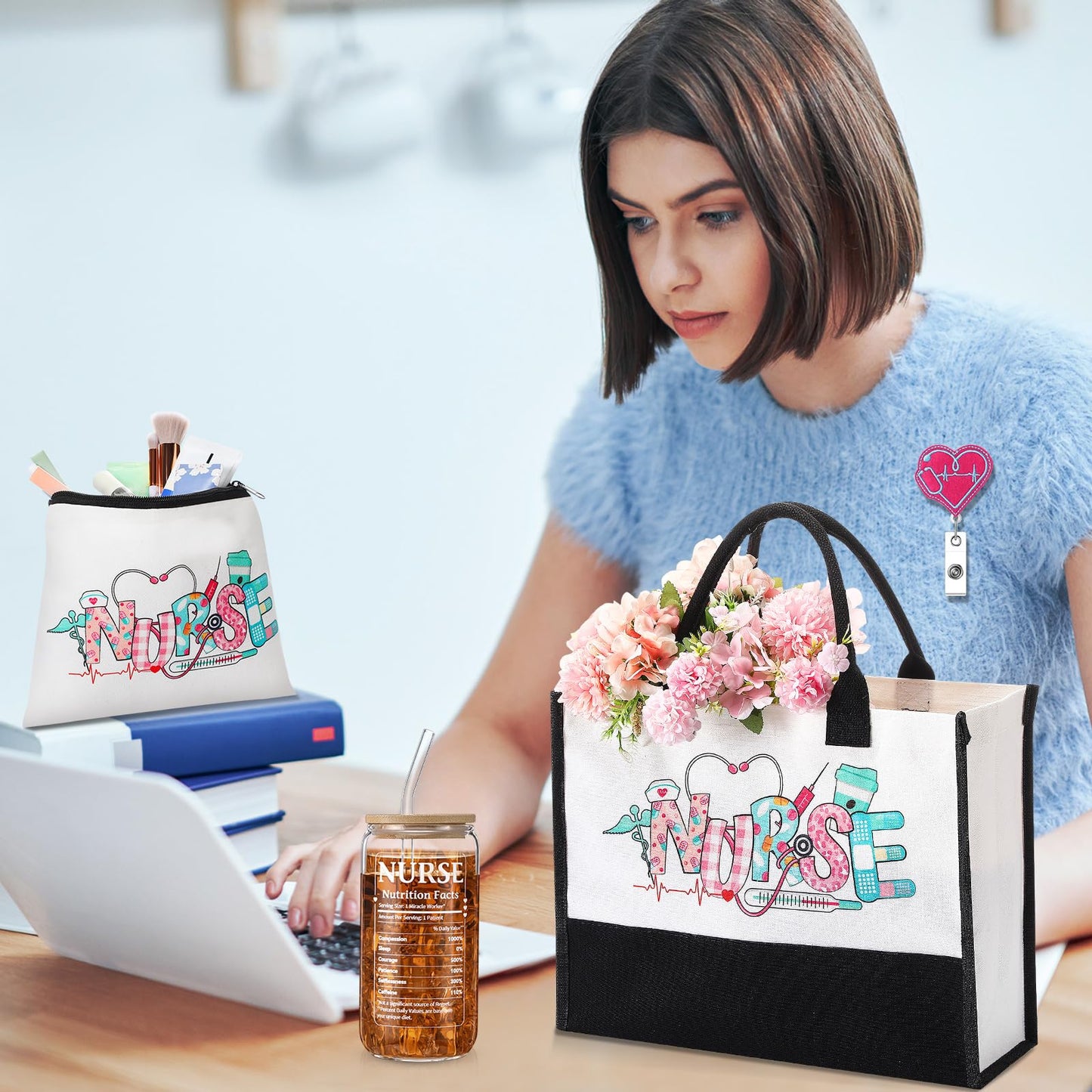 Zopeal Nurse Appreciation Gifts for Women Nursing Gifts Bulk Includes Badge Holder Reel, Tote Bag, Makeup Bag, Socks, Keychain, Cup, and Clipboards(Pink)