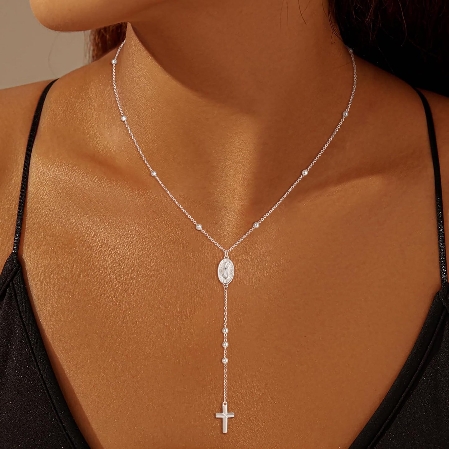 CHESKY Sliver Plated Lariat Necklace Long Y Necklace for Women Rosary Cross Drop Pendant Bead Trendy Christian Jewelry