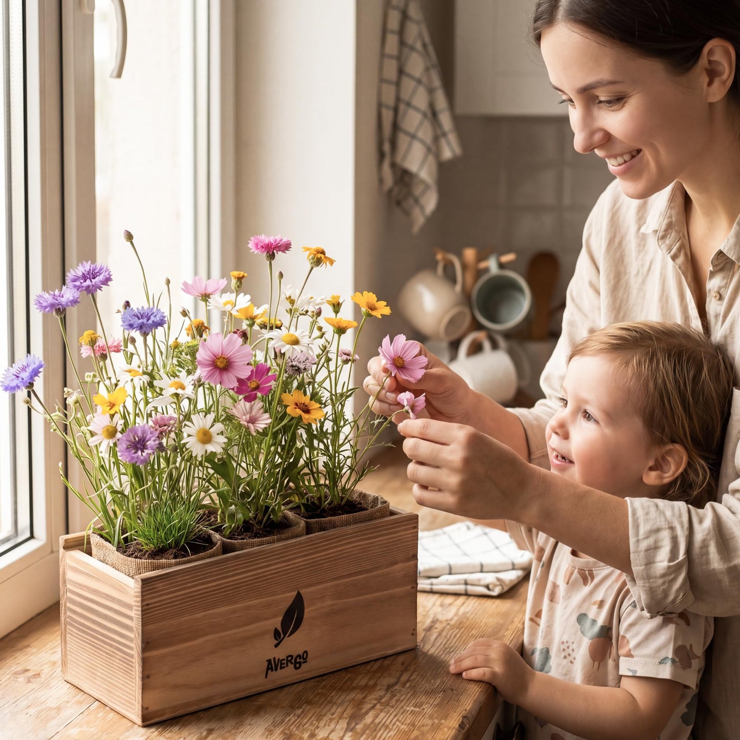 AVERGO Wildflower Seed Mix Growing Kit - Perennial Wild Flowers | Ideal Gift - Also Includes Planters, Soil, Wooden Box, and Gardening Tools for Indoor Garden and Patio Planting