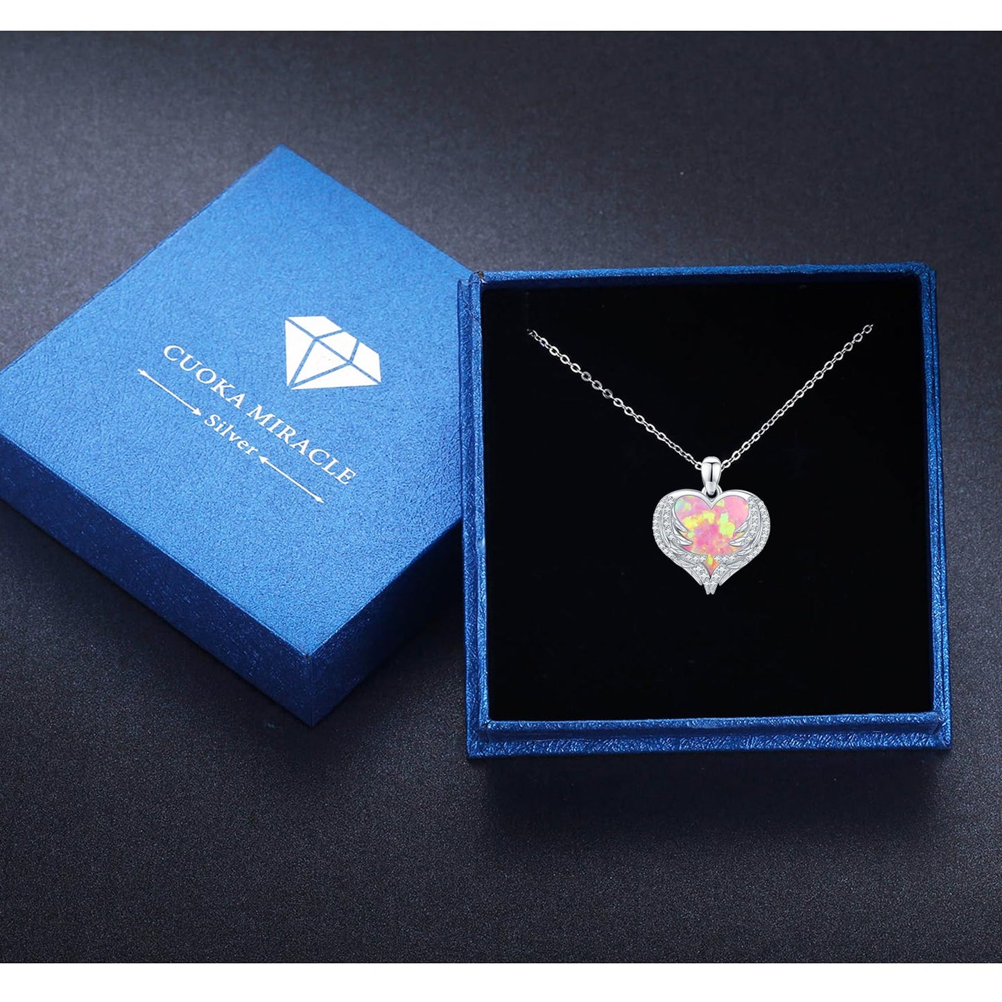 CUOKA MIRACLE Angel Wing Necklace Pink Opal Heart 925 Sterling Silver Pendant for Women Guardian Angel Wings Pendant Necklace Dainty Opal Jewelry for Women Mom Birthday Gifts