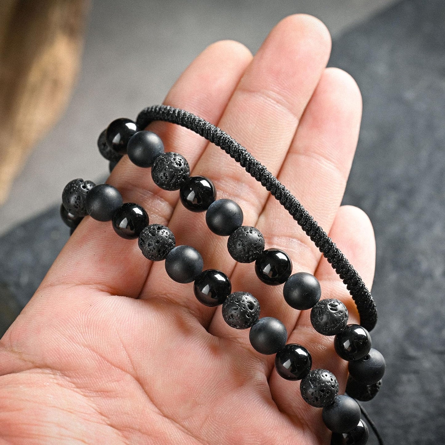 SAMXY Mens Bracelets Beads-8MM Black Onyx Obsidian Lava Stone Beads-3Pcs Handmade Natural Stone Crystal Healing Bracelet-Triple Protection Bracelet for Men Women Gifts
