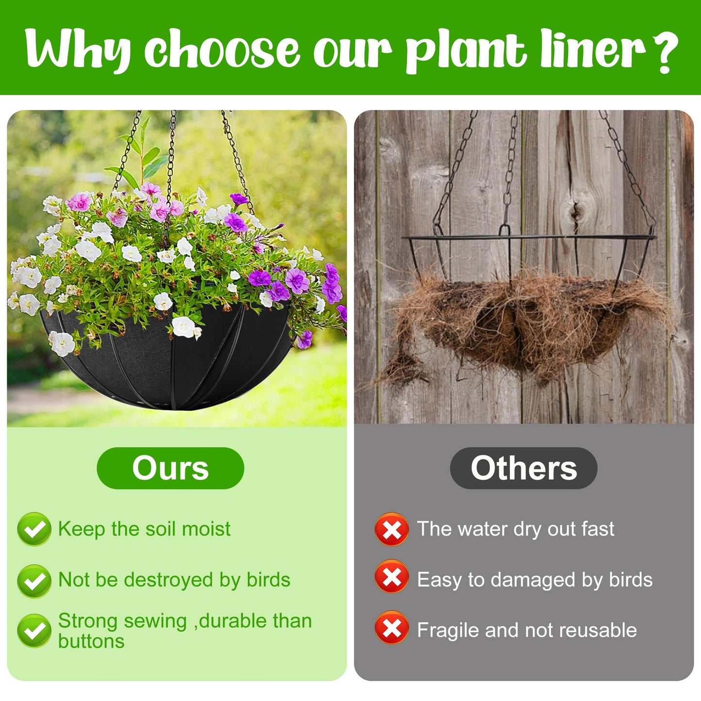 Adnee 4 Pcs 16 Inch Fabric Planter Basket Liner-Felt Flower Pot Liners-Hanging Plant Basket Fiber Insert for Garden Wall Hanging Planter Flower Vegetables(Round)