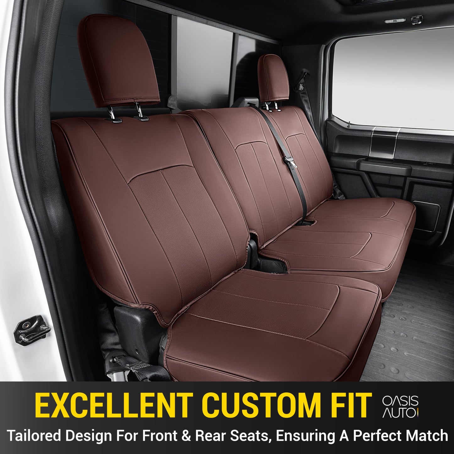 OASIS AUTO Custom Fit Seat Covers Compatible with Ford F150/F250/F350/F450 2015-25/Lightning 2022-24/Super Duty 2017-25 Waterproof Faux Leather Ultimate Truck Seat Covers (Full Set, Brown)