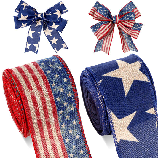 2 Roll 20 Yard 250th Anniversary Patriotic Day Ribbon 4th of July Wreath Ribbon Star and Stripe Vintage Wired Bow Red White Blue American Flag Decoration for USA Independence Day DIY Craft Party Decor