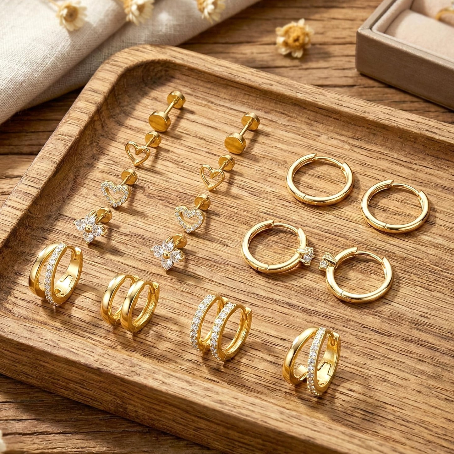 Nunpag 9 Pairs Hypoallergenic 14K Gold Plated Flat Back Earrings for Women CZ Stones Studs Earring Circle Heart Clover Hoop Earrings Stainless Steel Jewelry Gift for Sensitive Ears