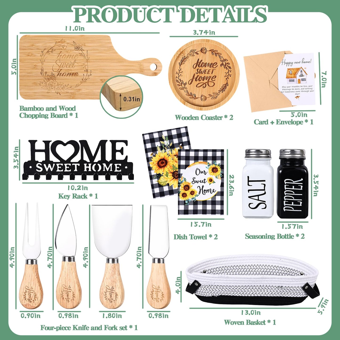 14 Pcs House Warming Gift New Home Gift Basket with Bamboo Serving Board, Dish Towels, Cheese Knife Set, Key Holder for Couples Women Men Clients, Closing Gift for Home Buyers, New Homeowner