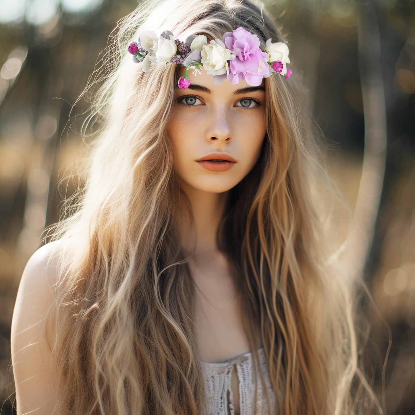 Vivivalue Floral Crown Headband Flower Headpiece Hair Wreath Floral Halo Boho with Ribbon Wedding Party Photos Prom Lavander