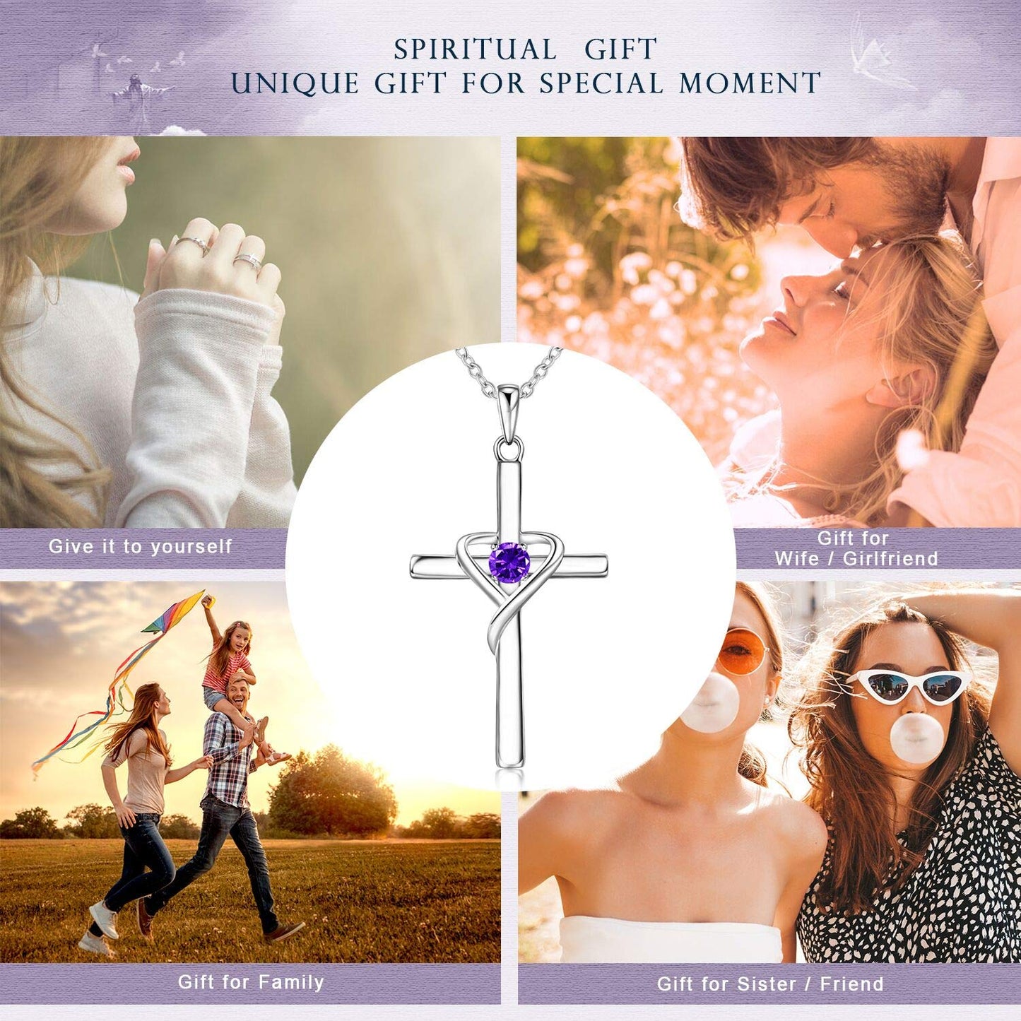 AmorAime 925 Sterling Silver Cross Necklace for Women Men 14K Gold Plated 5A CZ Birthstone Necklaces for Holiday (B.Purple-February-Amethyst)