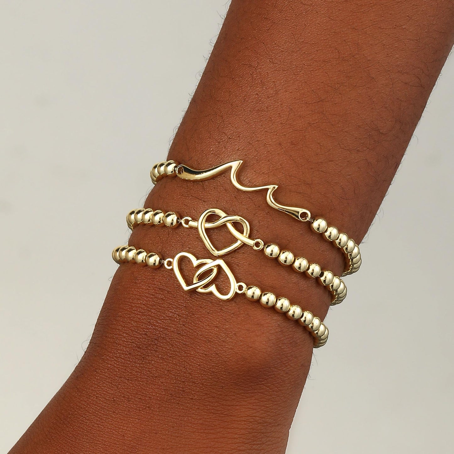 Beaded Bracelets for Women 14K Silver Gold Plated Stretch Handmade Ball Bracelets Cute Charm Bracelet Dainty Stackable Cross Heart Bow Wave CZ Circle Trendy Jewelry Easter Gifts (knot-heart)