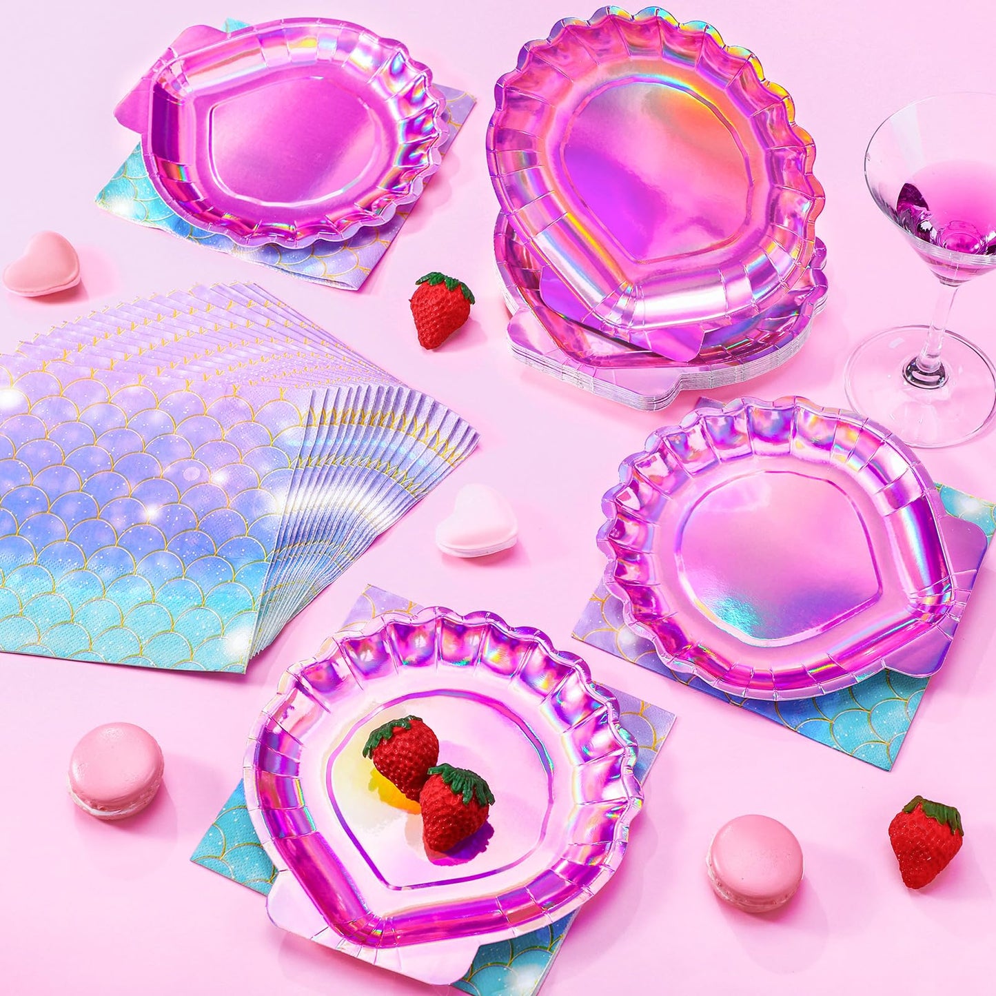 Gersoniel 40 Pcs Iridescent Pink Mermaid Party Supplies Set, 20 Clam Shell Plates and 20 Mermaid Scales Napkins Party Decorations Disposable Paper Plates and Napkins Seashell for Birthday(Shell)