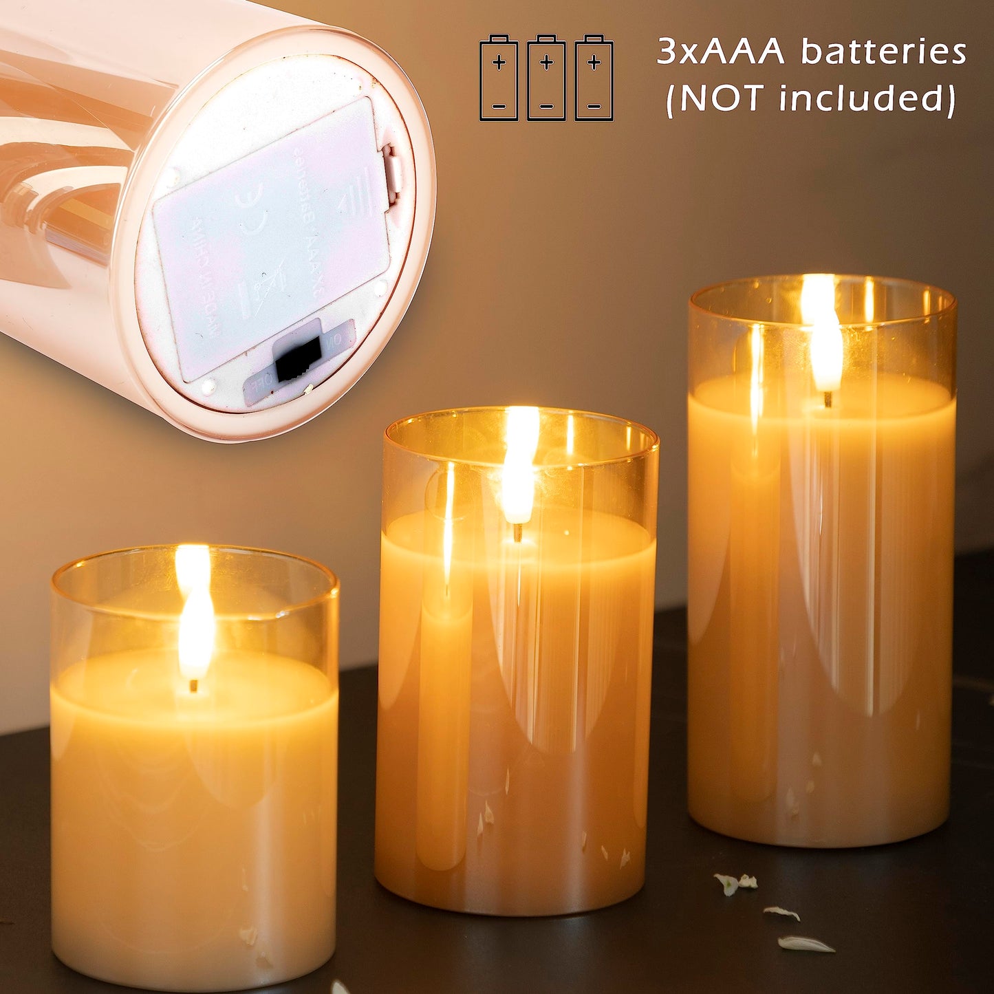 LUSHARBOR LUSHABOR Flameless Candles with Remote, 3 Pack Glass Battery Operated Candles with Timer, Real Wax Glass LED Candles Flickering Wedding Home Party Christmas D3 H4 5" 6"" Gold"