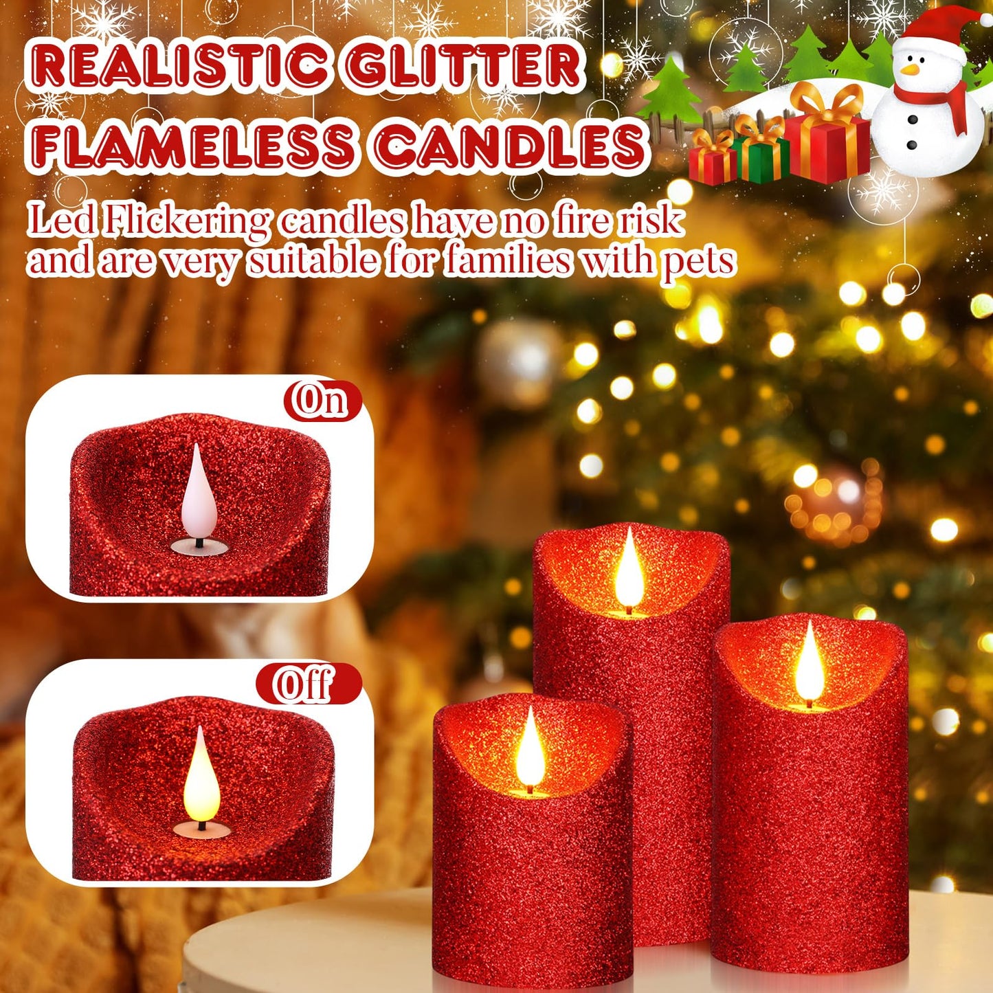 Retisee Set of 3 Valentines Glitter Flameless Candles, 4" 5"" 6"" Burgundy Red Operated Battery Pillar Candles Flickering Real Wax LED Candle with Remote and Timer for Valentines Home Table Centerpiece"