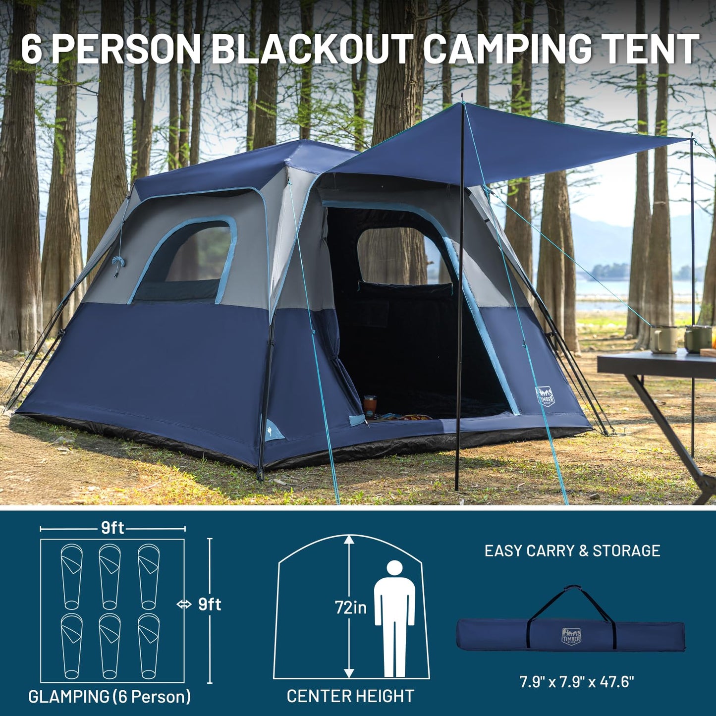 TIMBER RIDGE 5-6 Person Blackout Design Camping Tent, 60s Easy Setup Instant Cabin Tent for Family with Rainfly, Water-Resistant, 9' x 9' x 72" for Outdoor Adventures Gatherings