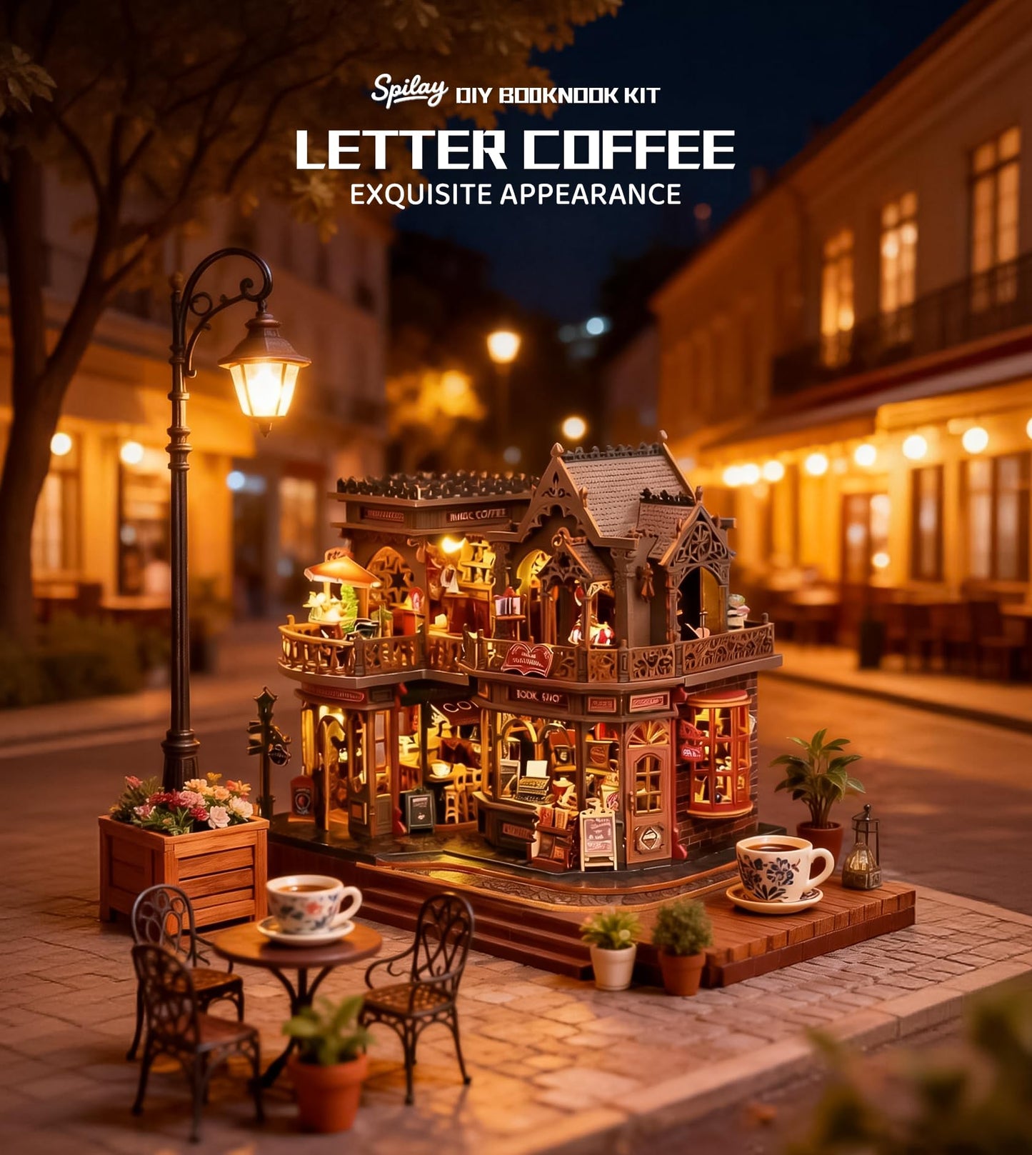 Spilay DIY Miniature House Kit, Miniature Dollhouse Kit with Music Box, Mini House Building Kit Book Nook for Adult, Creative Bookshelf Decoration & Unique Gift (Letter Coffee) (Letter Coffee)