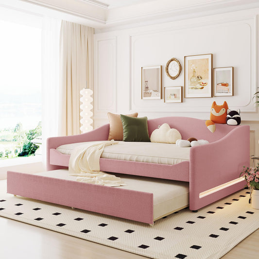 Acosure Teddy Fleece Full Size Upholstered Daybed with LED Light and Trundle,Modern Wood Platform Bed W/Side Stripes,Easy Assembly,for Bedroom,Living Room,Guestroom,Beige