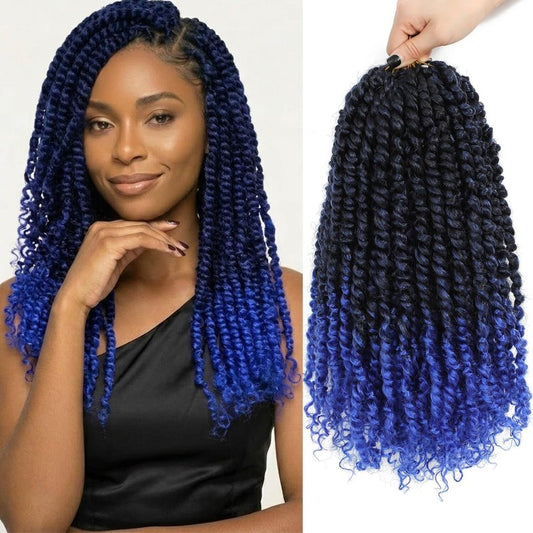 Bestlove Blue Pre-twisted Passion Twist Crochet Hair 14 Inch 8 Packs Pre-looped Bohemian Curly End Synthetic Braiding Hair Extensions, Low Temperature Soft Twist Braids for Black Women (T1B/Blue)