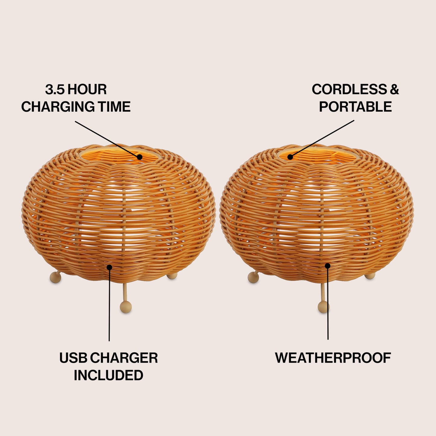 JONATHAN Y 5.75" Light Brown Modern Bohemian Indoor/Outdoor Faux Rattan Lantern Table Lamp Set of 2, Rechargeable Cordless Dimmable Integrated LED for Deck, Patio, Porch JYL7156A-SET2