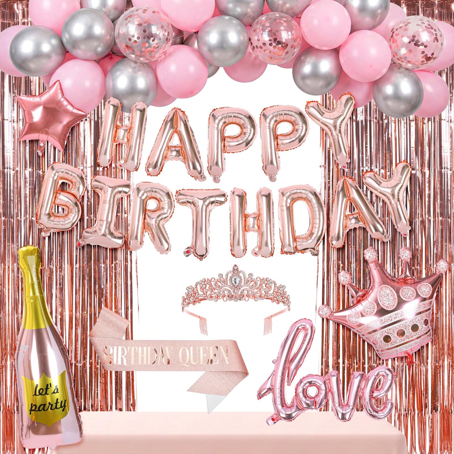 Ckhoid 60PCS Birthday Party Decoration Rose Gold Party Backdrop with Happy Birthday Banner Pink Fringe Curtain Foil & Confetti Crown Wine Bottle Lipstick Birthday Balloons for Women Birthday Party