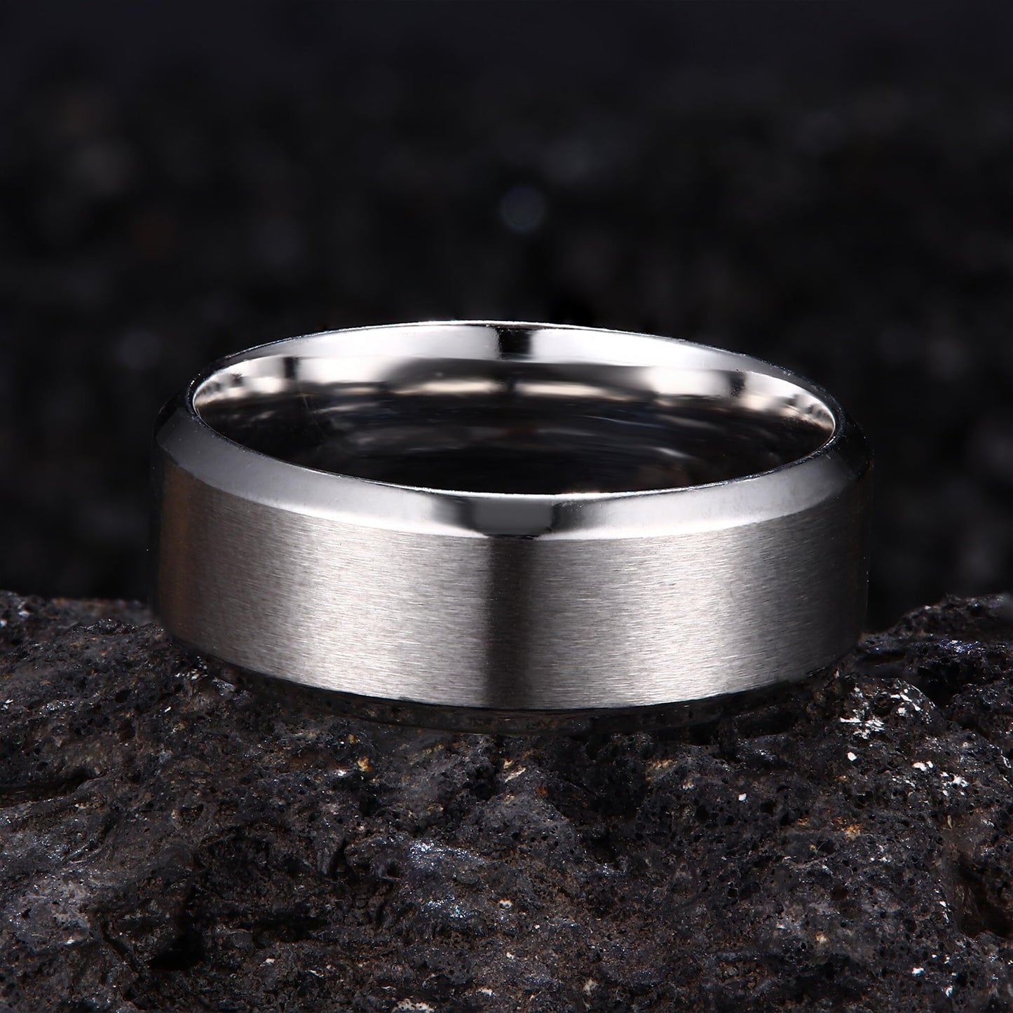 Jstyle Stainless Steel Rings for Men Women 8MM Wedding Band Rings Matte Surface - Beveled Polished Edge Mens Ring Size 10 Silver Plated Ring for Men