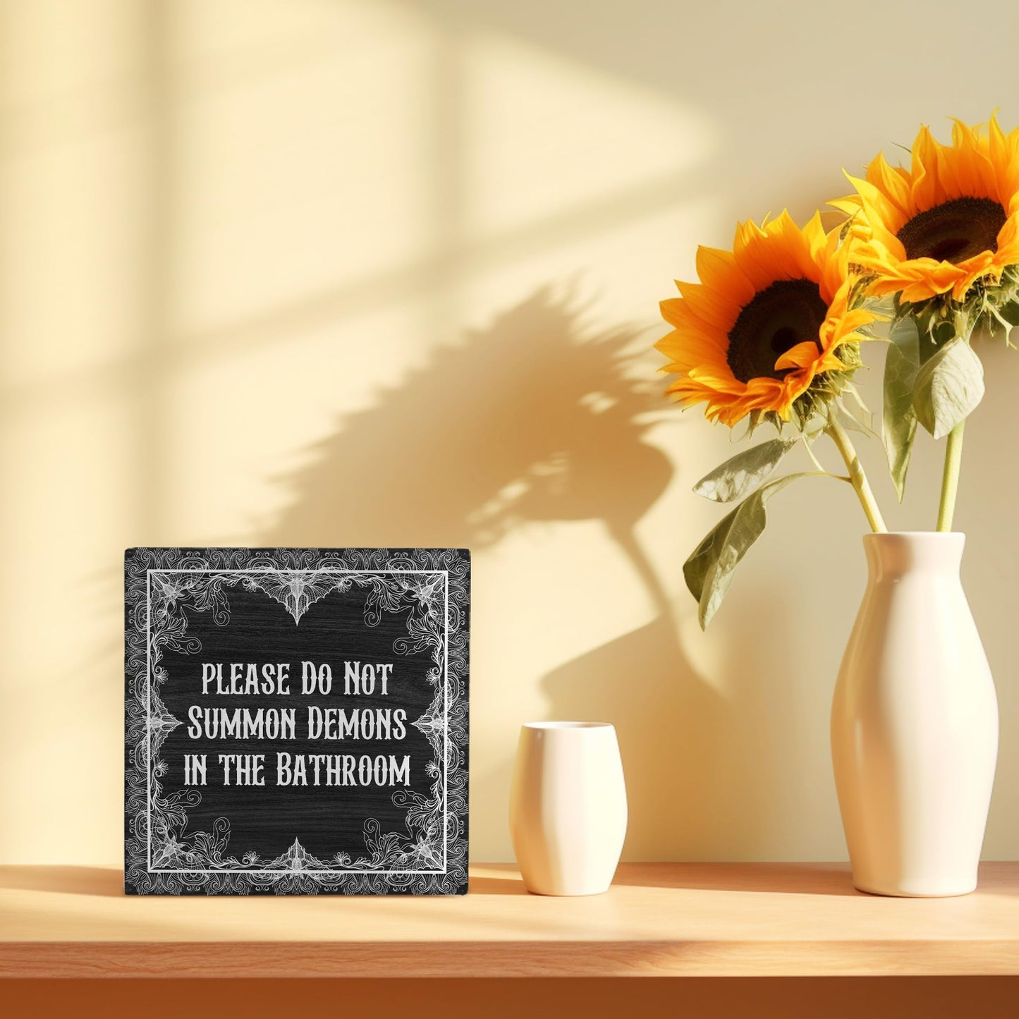 FHUGX Funny Gothic Bathroom Wooden Box Sign,Gothic Halloween Box Sign,Please Do Not Summon Demons In The Bathroom Sign For Home Barthroom Toilet Restroom Decor,Halloween Gothic Bathroom Decor,5x5 Inch