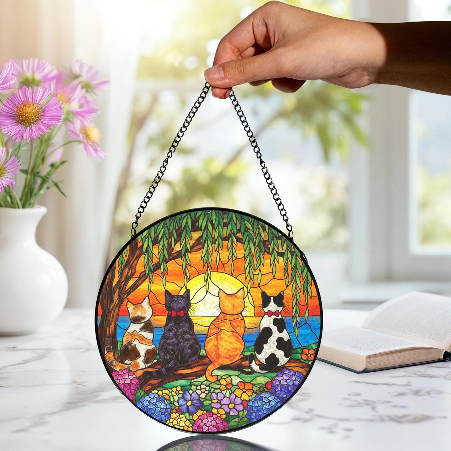 LIANGEAGOM Cat Flower Stained Glass Window Hanging, Cat Mom Lovers Gifts for Women, Nature Sunset Kitten Landscape Suncatchers Sun Catchers Indoor Window Glass Wall Art Decorations, 7.9x7.9in, Patio