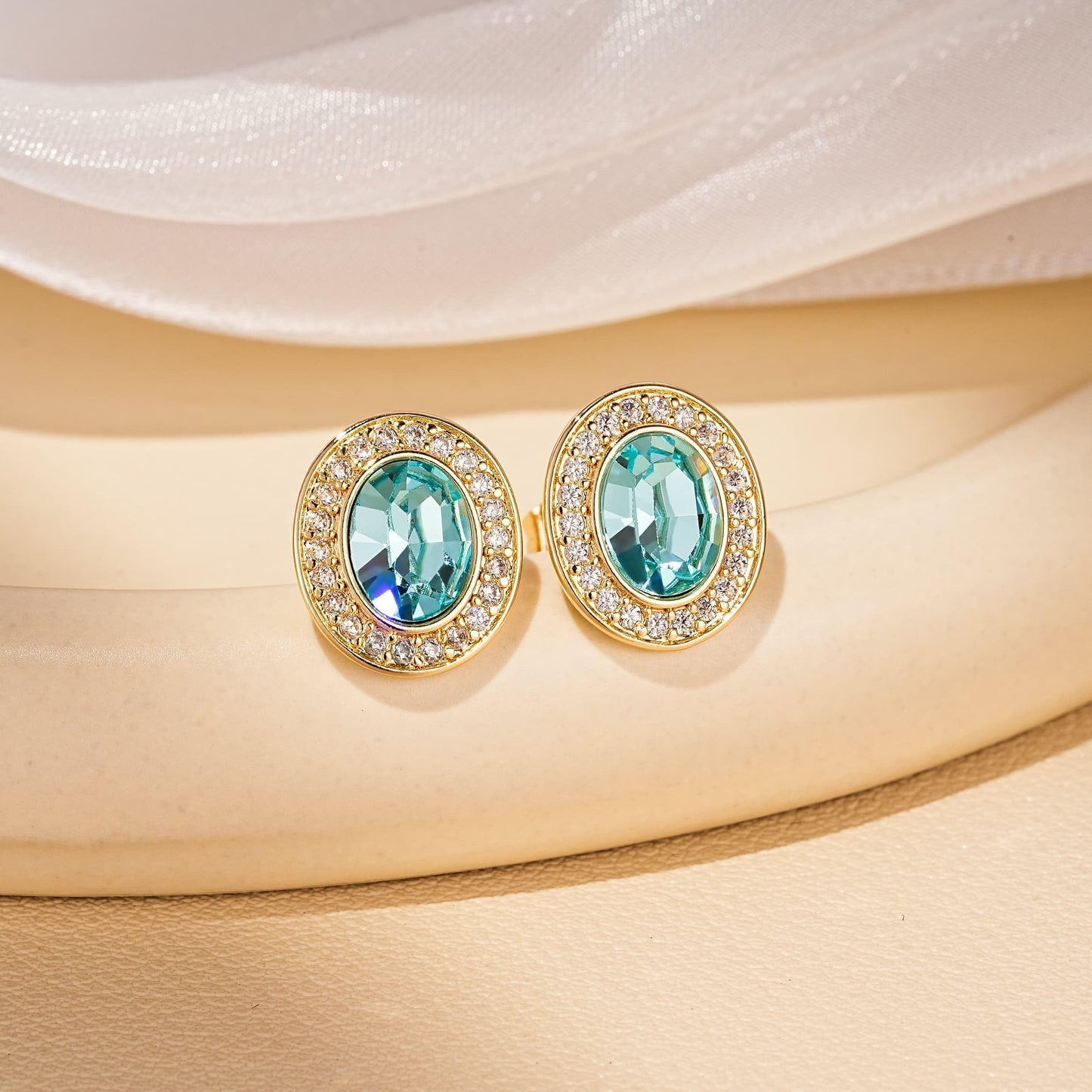 EVEVIC Austrian Crystal Halo Oval Stud Earrings for Women Trendy,14k Gold Plated Hypoallergenic Earring Jewelry Gift (Aquamarine)