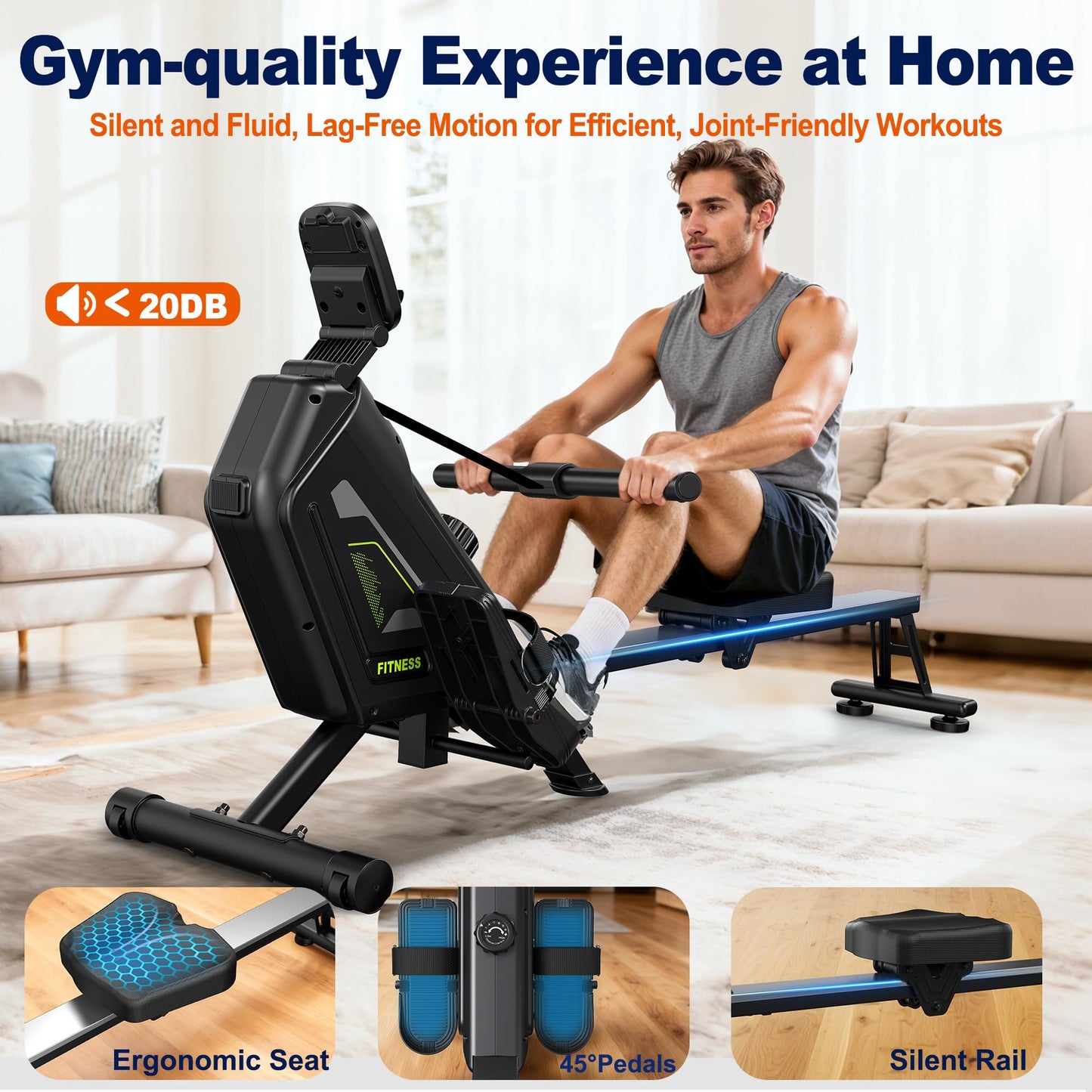 Klyzoom Rowing Machine for Home, 16 Resistance Levels, Quiet Magnetic Rower with APP, 350 LB Weight Capacity, Easy Assembly, Compact and Saves Space