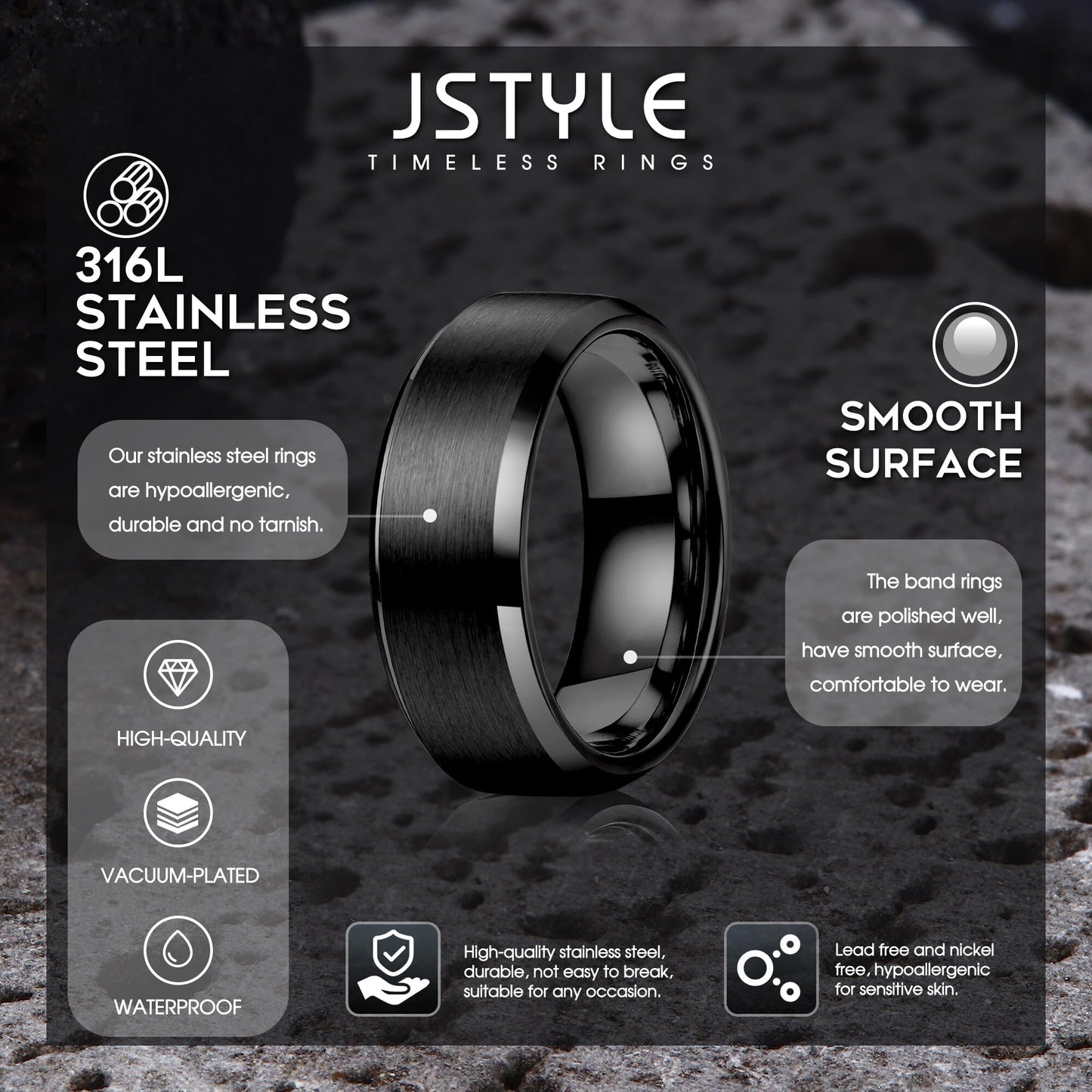 Jstyle Stainless Steel Rings for Men Women 8MM Wedding Band Rings Matte Surface - Beveled Polished Edge Mens Ring Size 8 Black Ring for Men
