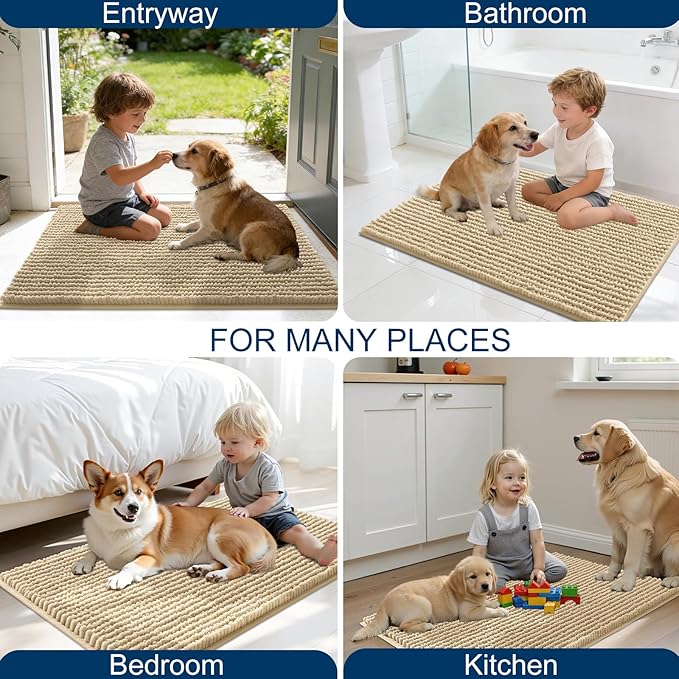 OLANLY Dog Door Mat for Muddy Paws 48x30, Ultra Absorbent Chenille Mud Doormat, Non-Slip Washable and Dirt Trapping Doormat for Indoor Entryway, Quick-Dry Indoor Pet Bed Mats for Dogs, Beige