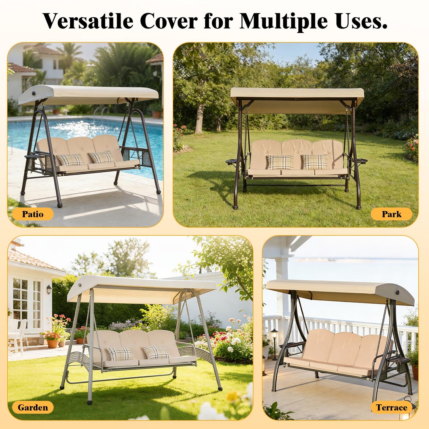 Oungelark Outdoor Porch Swing Cushions 3 Seater with Swing Canopy, Replacement Cushions for Outdoor Swing, Patio Swing Cushion 25D Foam (Khaki)