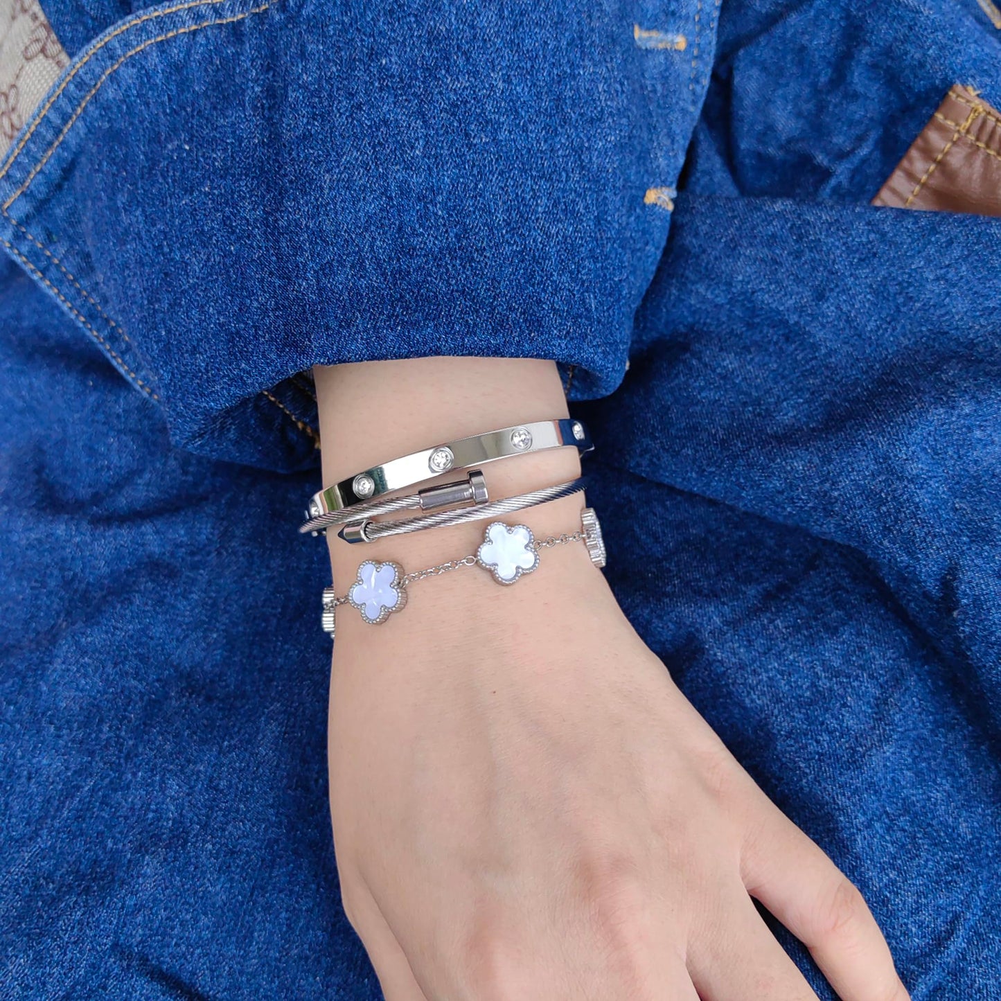 Jade cabbage Gold Bracelets for Women 18K Gold Plated Love Friendship Bracelet With Cubic Zirconia Cuff Bangle Jewelry Set Witness the Gift of Love (Silver 3pcs-A Large 7")