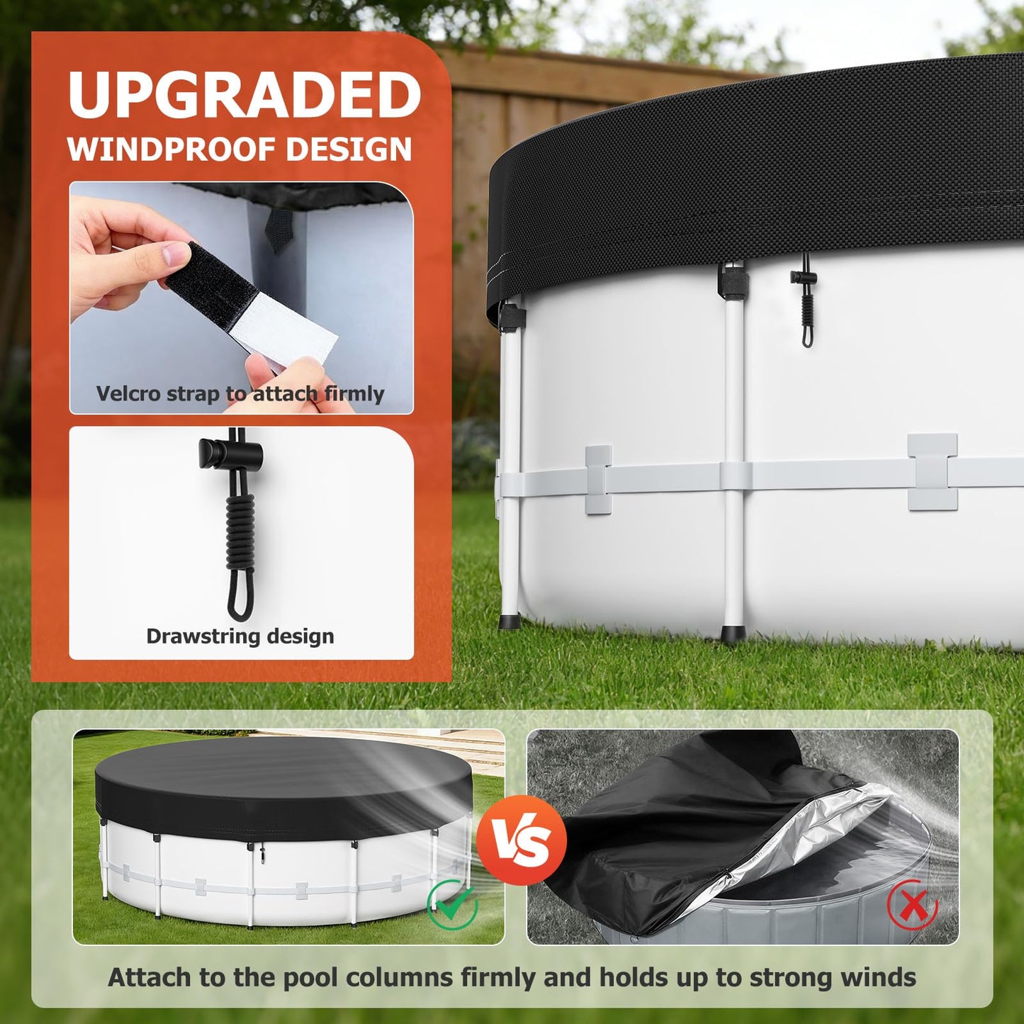 15 Ft Round Pool Cover for Metal Frame Above Ground Pools - Upgraded Windproof Design Compatible with Intex/Bestway Frame Above Ground Outdoor Swimming Pool (Black)