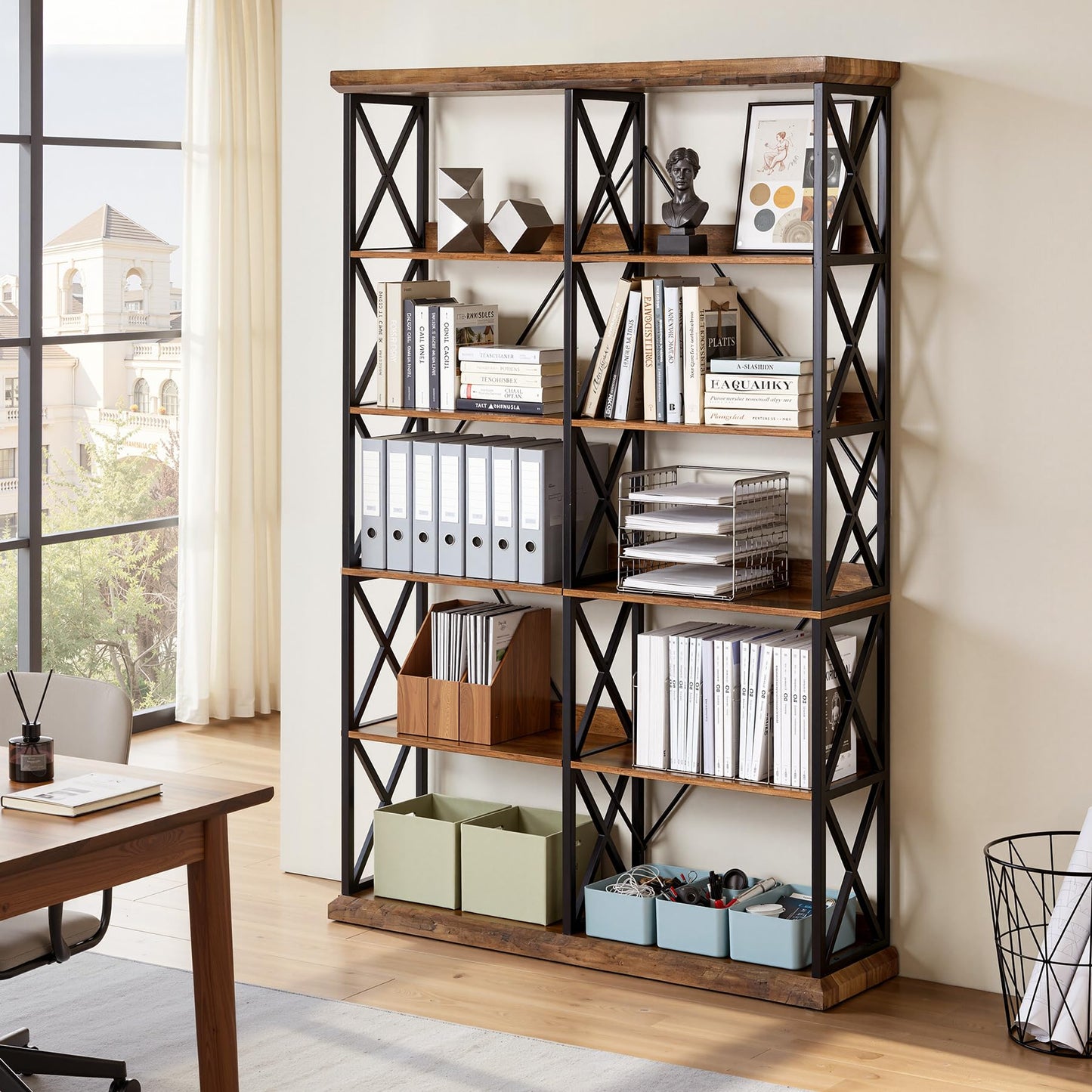LITTLE TREE Industrial Bookshelf, 6-Tier 47" Wide Bookcase, 75" Tall Standing Shelf Units with 12 Wooden Shelves, Large Open Metal Display Organizer for Office, Living Room, Bedroom, Rustic Brown