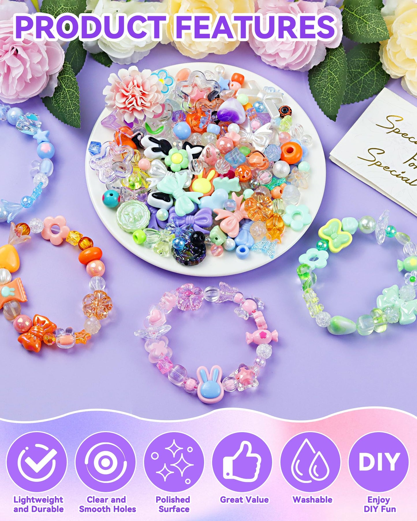 450PCS FIVEIZERO Assorted Acrylic Beads for Bracelet Making, Flower Star Heart Butterfly Candy Gummy Bear Kawaii Aesthetic Cute Beads for Jewelry Making, Keychains, Necklace, Phone Charms, DIY Crafts
