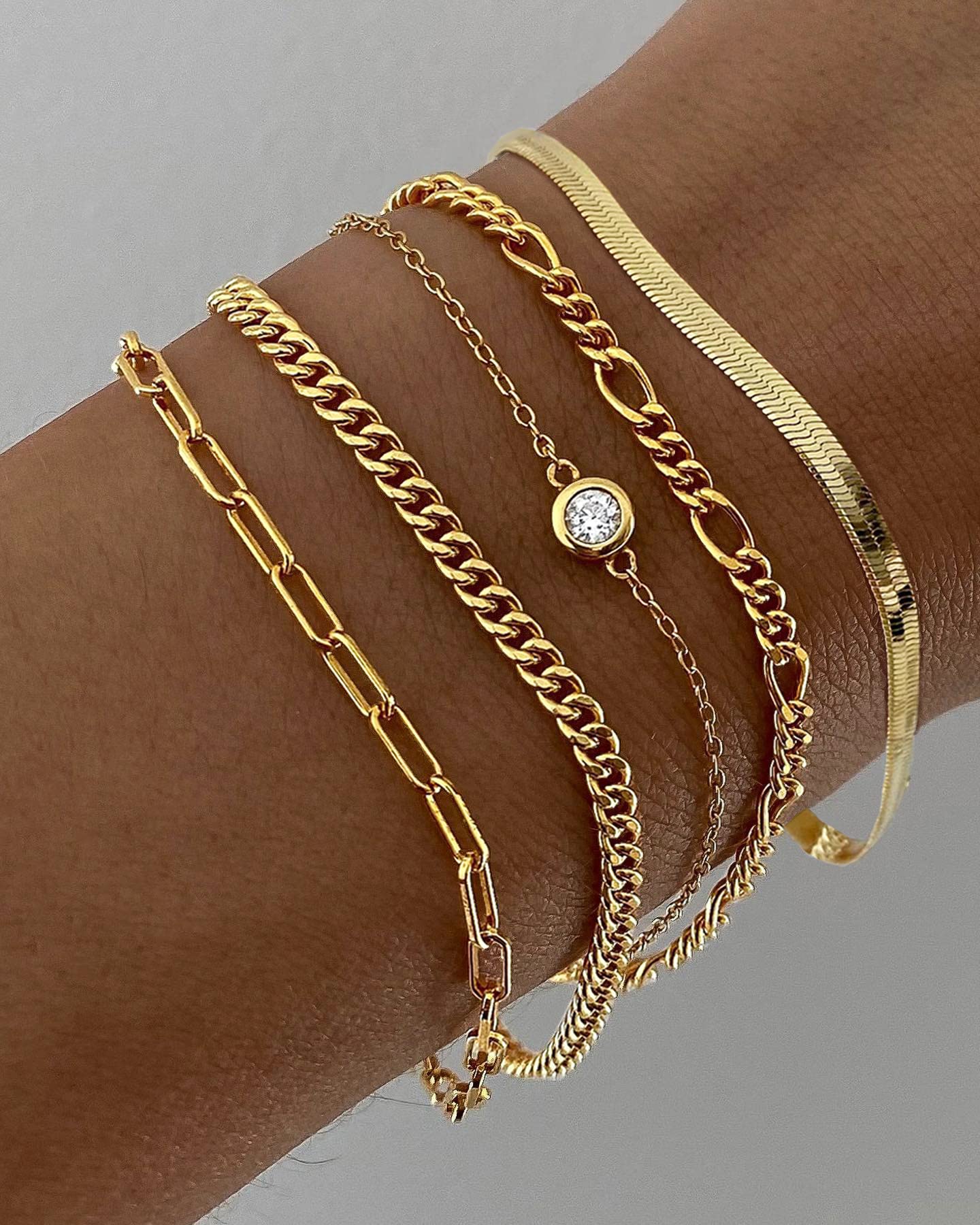 DEARMAY Gold Plated Bracelets for Women, 14K Real Gold Jewelry Set Cuban Link Beaded Chain Bracelets Figaro Paperclip Rope Herringbone CZ Bracelet Pack Gifts