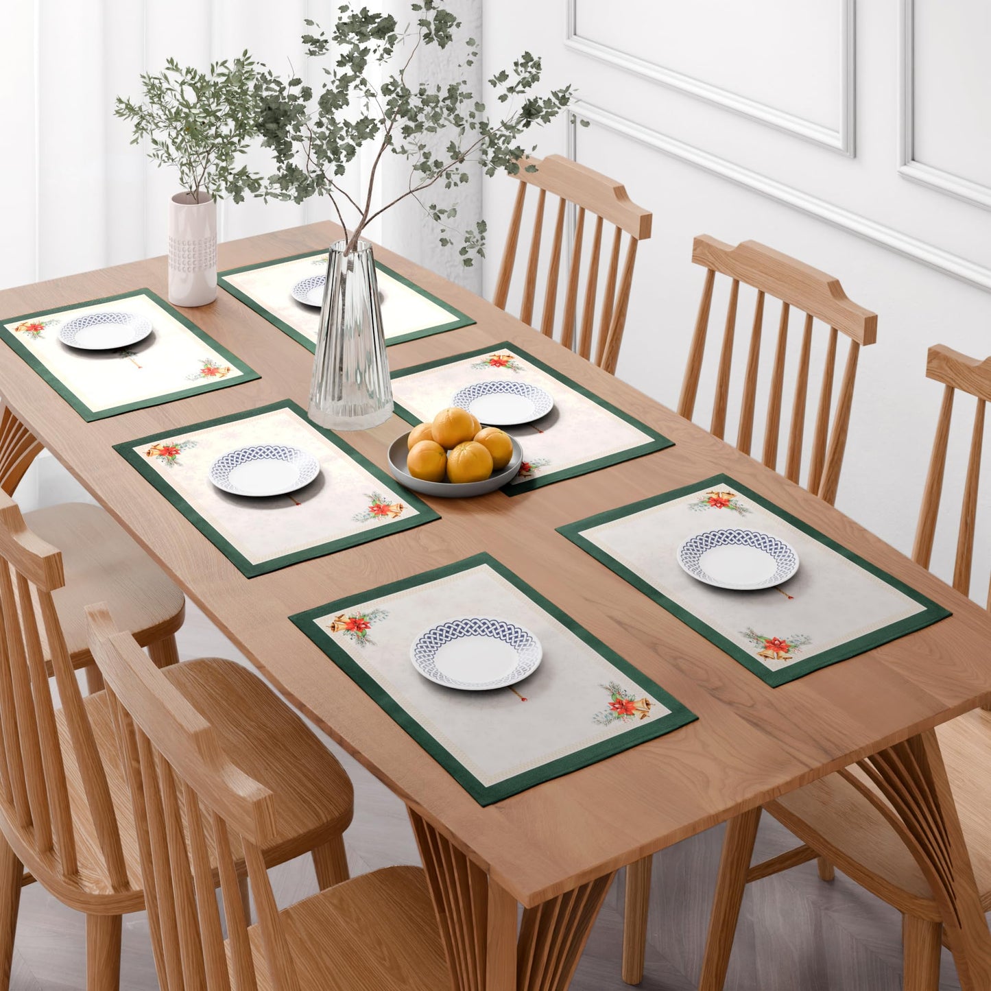 Christmas Placemats Set of 4 – 100% Canvas Cotton, Green Gold & White Floral Screen Print, Holiday & Winter Table Mats, 14x19 Inch, Washable Reusable, Gift-Boxed Sustainable Dining & Kitchen Christmas